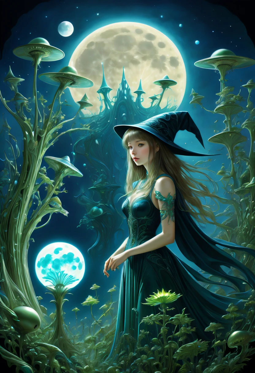 magician girl, , fantastic, night sky, moon, stars, background, (art inspired by Brian Froud and Carne Griffiths and Wadim Kashin, intricate details, oil )