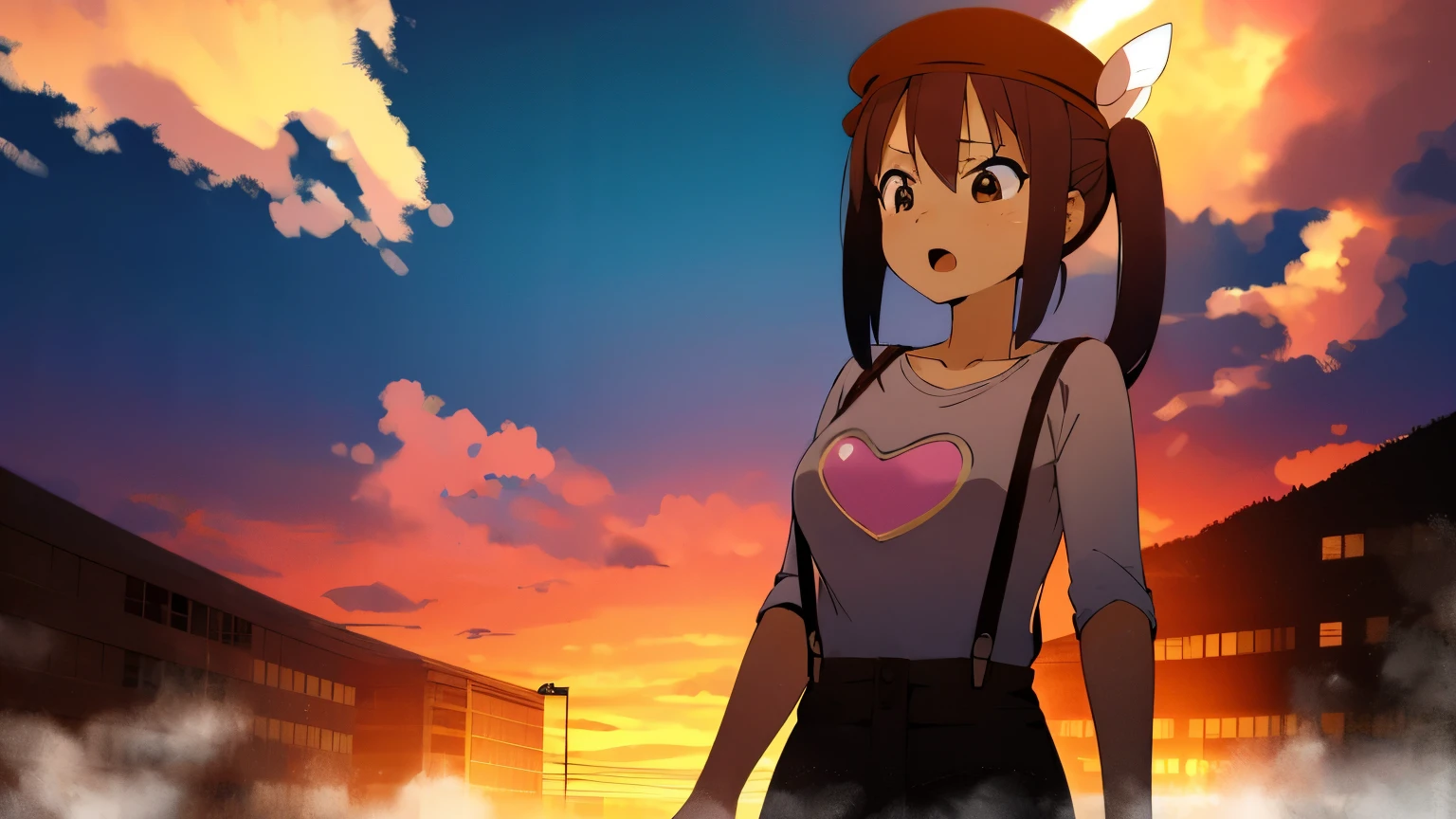 1girl, (((​masterpiece))), top-quality, top-quality, high détails, nakano azusa, 1girl, Twin-tailed, length hair, A dark-haired, brown-eyed, Gray T-shirt.suspenders.a black skirt.illustratio, comic ?????, soothing tones, Subdued Color, Soft cinematic light, adobe lightroom, photolab, HDR, intricately and hyper-detailed、(((depth of fields))))。(((​masterpiece)))。(((top-quality))).)((ultra-detailliert)))。(((illustratio)))。(((takeout))).dynamic focus.big breasts.(((Skyscrapers))).(((A city scape))).(((Face of sadness))). open mouth.(((up chest))).((evening glow)).((the setting sun)).(((Heart on chest))).Feathered hat