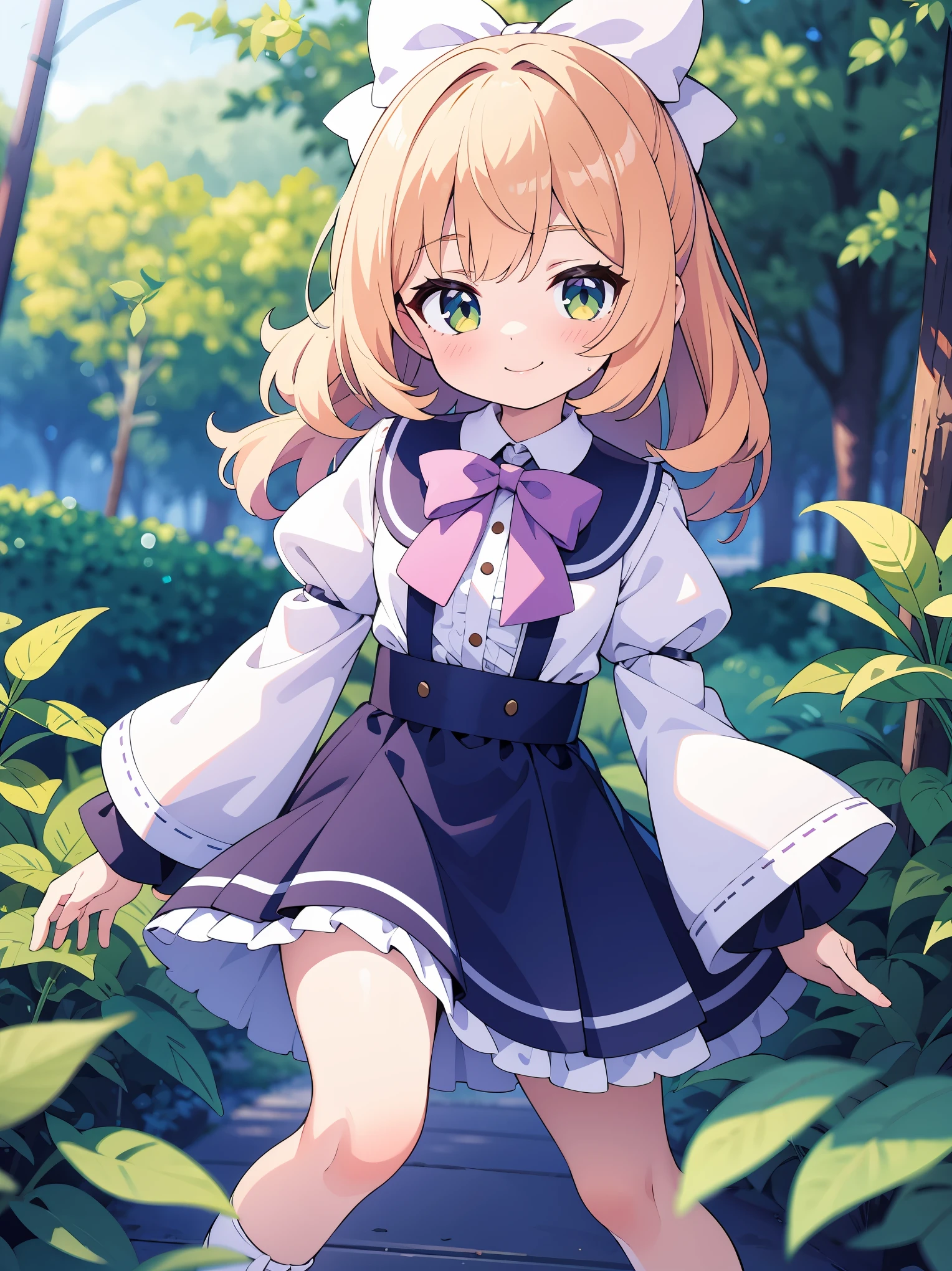 (masterpiece:1.2), best quality, highres, original, (extremely detailed:1.2), ultra-detailed, wallpaper, perfect lighting,(extremely detailed CG:1.2), 8k, anime illustration, 1girl, solo, smiling, curly hair, (white bow-sleeve blouse, bow on the sleeves:1.leated knee-length skirt:1.2), standing in a park, surrounded by flowers and trees, sunlight filtering through the leaves, sunny, close-up, frontal, looking at viewer, unity 4k