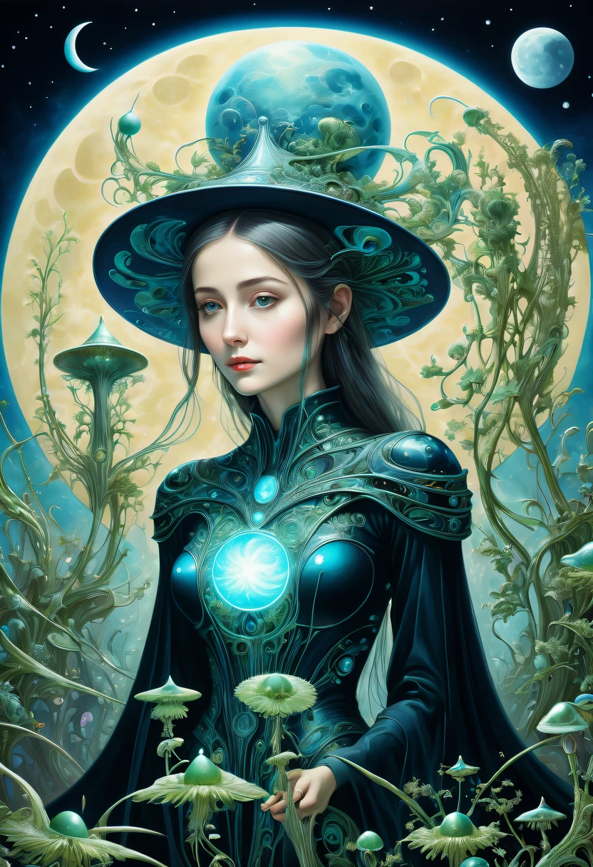 Images of a fascinated witch encountering alien life forms, Illumination of bioluminescent plants, The content is very detailed, hyper realisitc, 10k high resolution, Gouache style, scribble art, Glaslorne, Influenced by Art Nouveau, Given, and future, The Art of Lunar Encryption Wow,