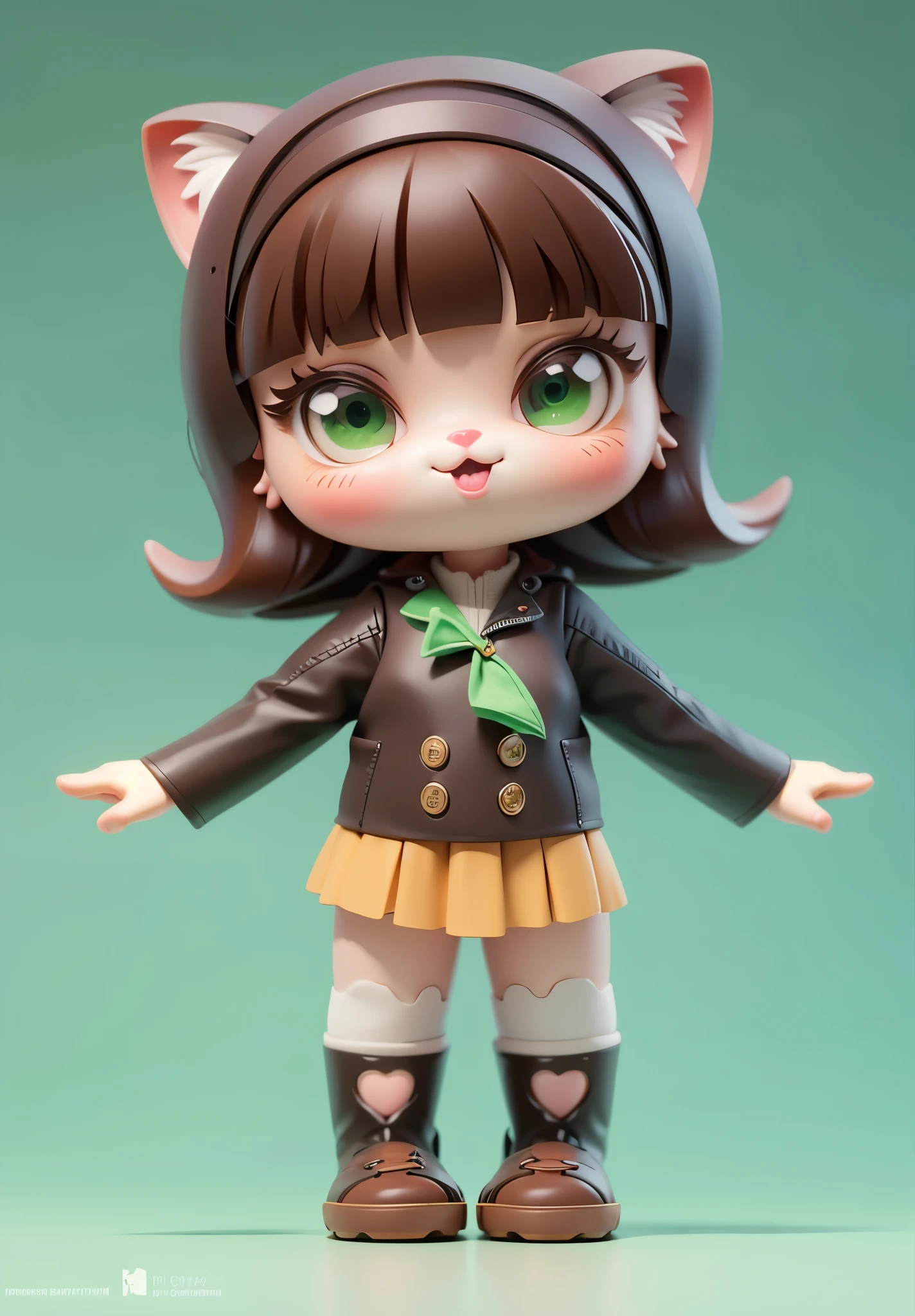 (1 girl, full body)),((masterpiece:1,2, cat-like mouth, brown hair, green eyes)), Anime character of a girl with green eyes and brown jacket, female furry mini cute style, cute, chibi, cat girl, lighting extremely, masterpiece, original best quality: 1.2), 8k, style 3d hair, very beautiful and digital, blender, octane render, popular toys, blind box toys