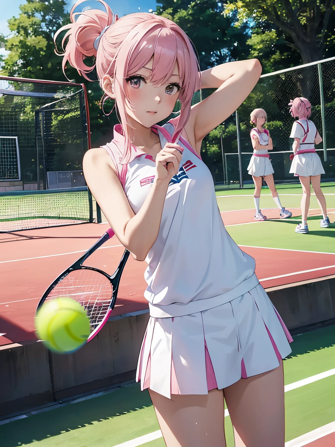 A male high school student in gym clothes and a female high school student in gym clothes are playing tennis together、Pastel painting style、Plain pastel pink background、cute anime illustration
