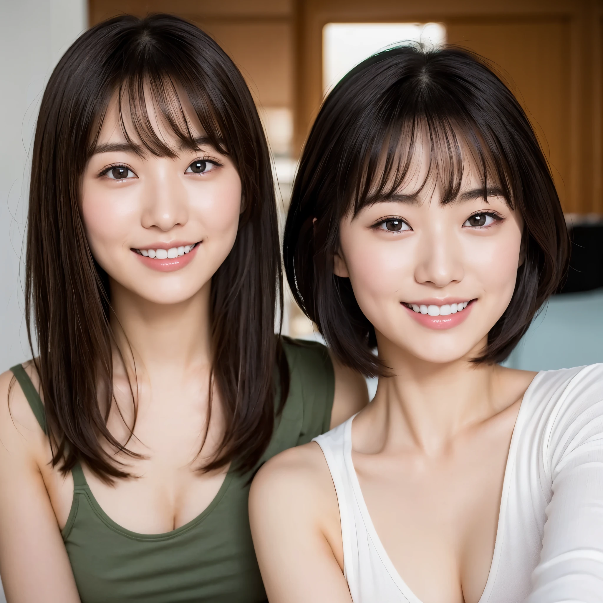 A 24-year-old Japanese woman with a cool and sexy vibe.....。 Makeup is light。Zoom to capture just the face。Very short hair with long bangs。innocent smiles、eyes are narrow、A very cheerful smile。Teeth are visible