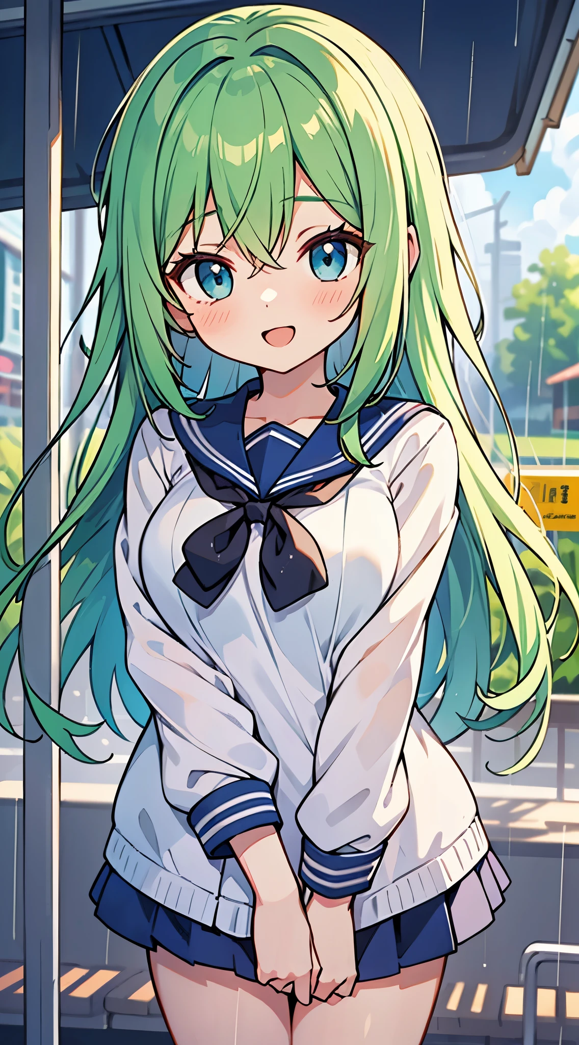 ((Pretty High School girl with green hair and blue eyes)), ((wearing Sailor suit)), face, ((master piece, top-quality, ultra-definition, high resolution)), anime girl, ((ultra-detailed illust:1.2)), only one person, bangs, hair between eye, beautiful hair, Beautiful eyes, Medium breasts, Big smile, opened mouth, At the bus stop, ((rainy))