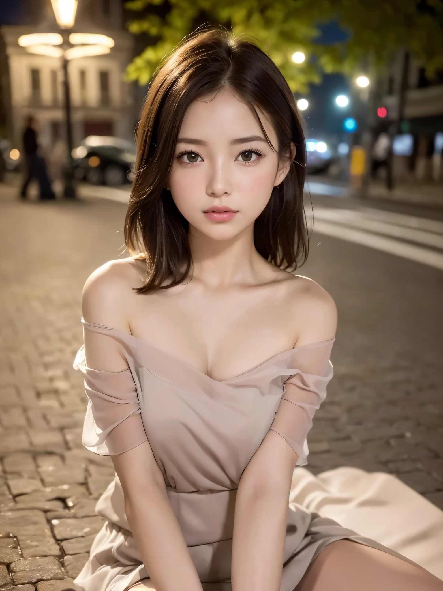 ((top quality, 8k, masterpiece: 1.3, raw photo)), Sharp Focus: 1.2, (1 aespa girl: 1.2), (Realistic, Photorealistic: 1.37), (face focus: 1.1), cute face, small breasts, flat chest, short messy hair, nude, (Off-the-shoulder chiffon dress, business skirt: 1.2), Beautiful Woman sitting Under Street Lamp Light, cinematic lighting, (thigh: 1.2)