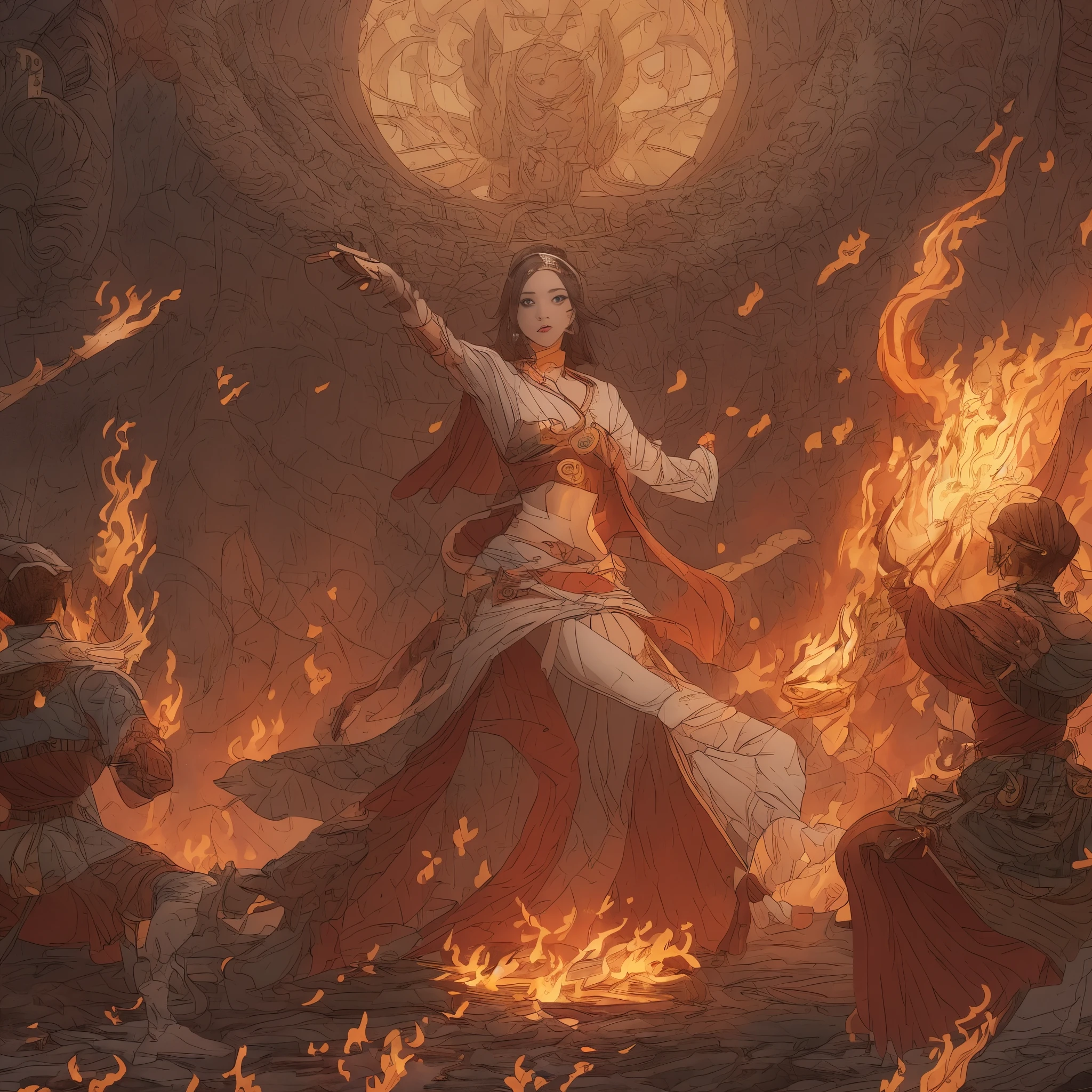 High Frequency: 1.8, rich detail, masutepiece, 8K, Beautiful priestess in pink shirt standing in front of fire, Dancing, Waving Fan, Fun on Fire, Flames surround the priestess, Burn battlefield background,