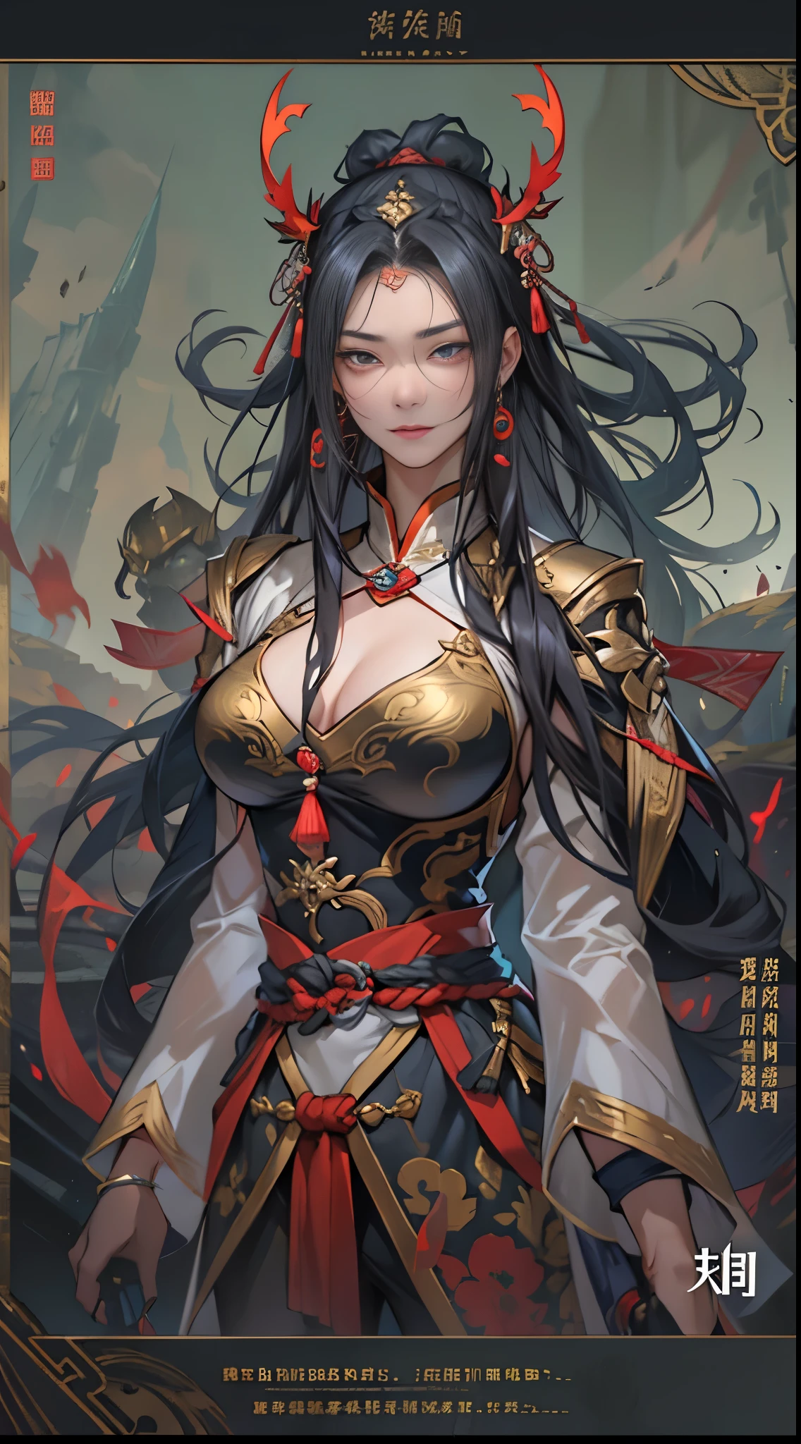 1 Woman, mature, High (1.85 cm), looks about 35 years old, has long black hair, straight and shiny, tied in the Chinese Taoist style, majestic black eyes, Extremely detailed eyes, perfect eyes, đôi mắt cực kỳ thực tế, balanced eyes, Long eyelashes, Anime style, perfect face, milf face, full red lips, mature, smooth white skin, natural body, sexy body, milf body, Perfect hands, detailed hands, arms in proportion to the body, đôi tay thực tế, arm with good anatomy, She was wearing only a red Chinese style dress decorated with gold and silver with phoenix motifs woven into the dress but still could not hide her extremely large and gigantic breasts., very big breasts, four hands can lift,breasts sag due to their size, thick thighs, wide hips, look at the viewer, The background is a Chinese-style pavilion., pose alone, look at the viewer.