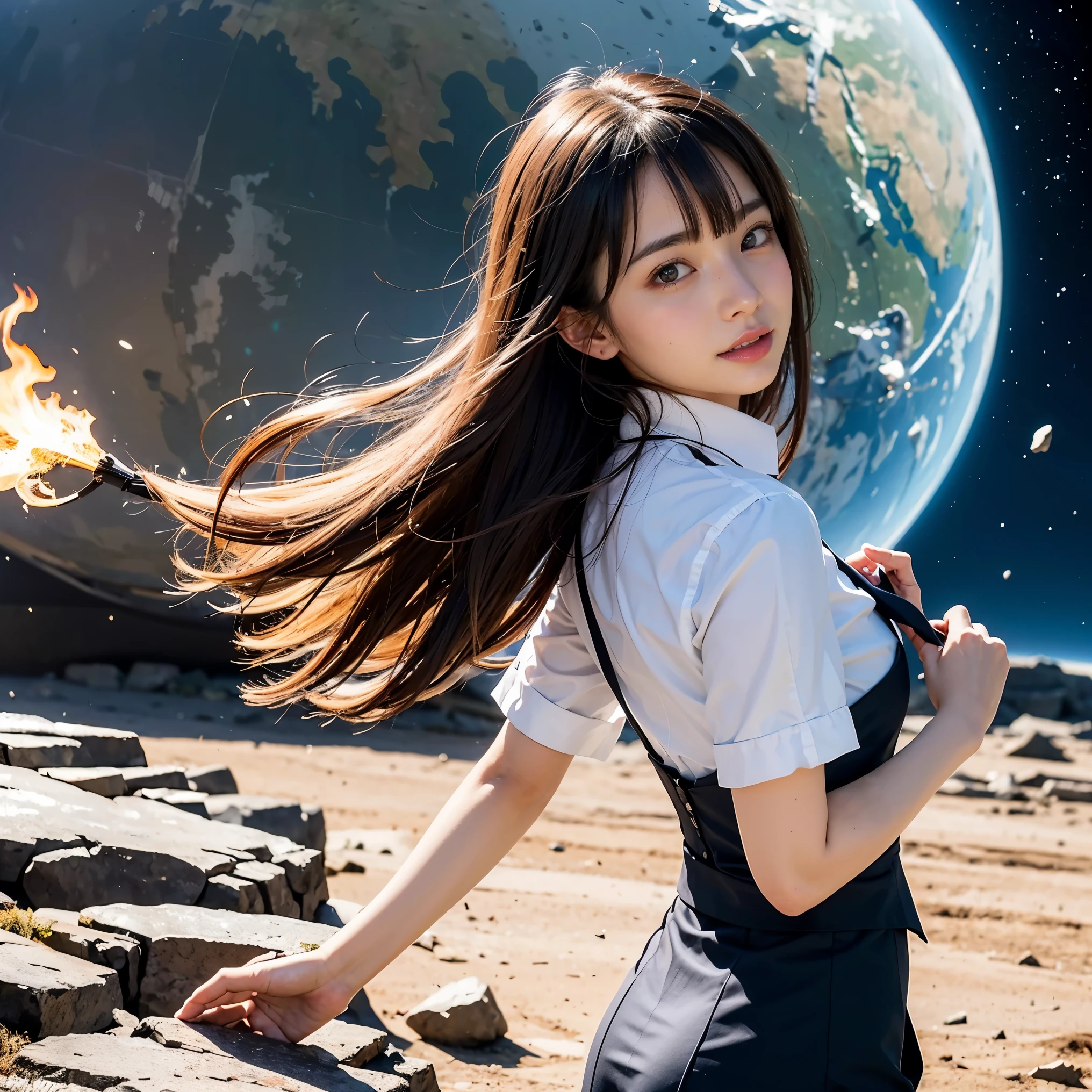 (masutepiece, Best Quality:1.2), 8K, Official art, Surprised expression、put one's hand over one's mouth、Wearing a suit、Gesture of removing tie、You can see the chest、Rough image of a girl in uniform holding a globe, official artwork, portrait anime space cadet girl, with earth, girl in space, Space High School, Space Girl, planetes, Trending on CGSTATION, extrasolar planets, Official art, Mar Planet, beautiful anime high school girl, sakimichan, floating next to planetes, in intergalactic japan、Five Fingers Photos'Body of, full body Esbian、Suit Beauty、Big Dipper in the background、star explosion、A dark-haired beautiful barefoot woman, hold a flame in your right hand、tie a tie with your right hand、Turn your face up、looking-down、cool expression、Bright lava light rises above the broken earth from beneath the planetes belt(Jagged rock rocks and fragments shot into the air:1.3) (Storm of windy dust debris:1.1) Volume fogmist by trace Z、It can allow bright light from below to pass through、 (masterpiece) (top-quality) (detaileds) (8K) (电影灯光) (foco nítido) (Convoluted)A dark-haired、14years、small tits、A delightful、A smile、unbelievable Ridiculous, (a beauty girl, Pretty Face, arching back down, Gold hair ornament on hair、wearing a suits、close up, Wearing a suit, Short sleeve, gardenia, violaceaess, spaces , Looking at Viewer, Film grain, chromatic abberation, Tits foco nítido, face lights, Dynamic lighting, Cinematic lighting, detailed eyes and face, (Gray tie、1 copy:1.2)