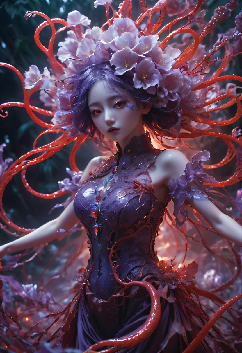 Magical plant from the abyss, the ghost flower, ghost flower,Blood-red tentacles stare at the dead,carismatic,Incredible,terror,Wrapped purple magic lightning, epic magic power, The corolla shines brightly, Electric Power Branch, epic thunderstorm, terror冲击, Surreal, Crazy, Whimsical, Octagonal rendering, iintricate,