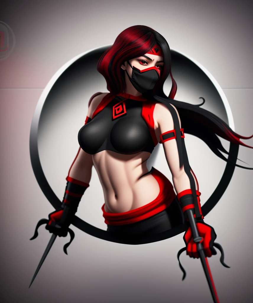 3D, realistic ninja girl,half face mask,human,sharp,high quality,high res, beautiful girl, long black hair with red streaks(0.5) near forehead, , sharp,same color scheme