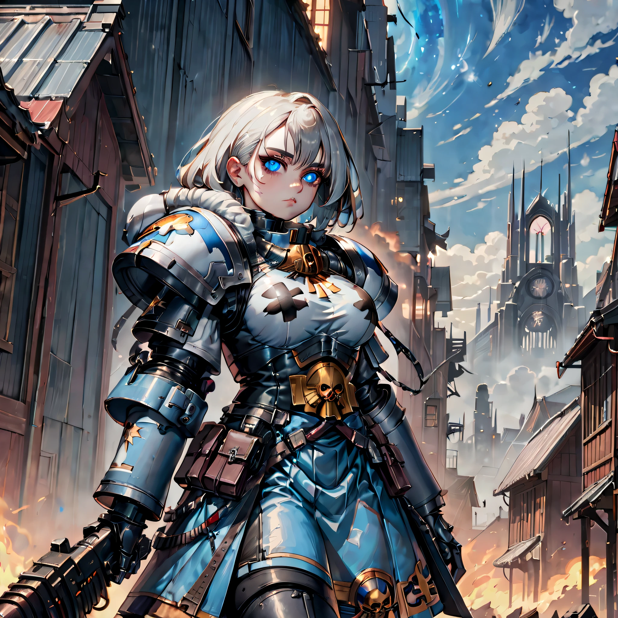 a beautiful ((Mature-Woman)), (Adepta Sororita)  from the Warhammer 40k universe. She has silver-blond hair and sky-blue eyes, adorned in a power armor with metallic blue and gray textures, complemented by latex fabric resembling a skirt. Portrait. Eye-level. Background: A Warhammer 40k-inspired environment with gothic architecture and a celestial backdrop. ((Style-Anime)). Light Dramatic lighting to accentuate the metallic textures. (Extreme detailed face), best quality, masterpiece, ultra-detailed, 8k.