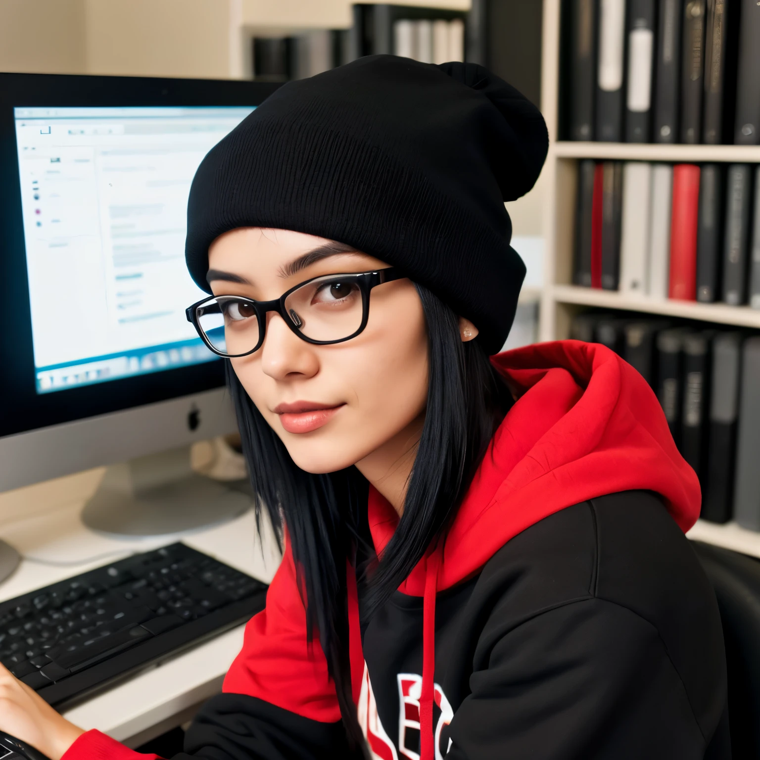 casual female with black hair, black eyes, wearing a red beany, black sweatshirt in front of a computre, wearing glassesn alot of details, sharp, natural