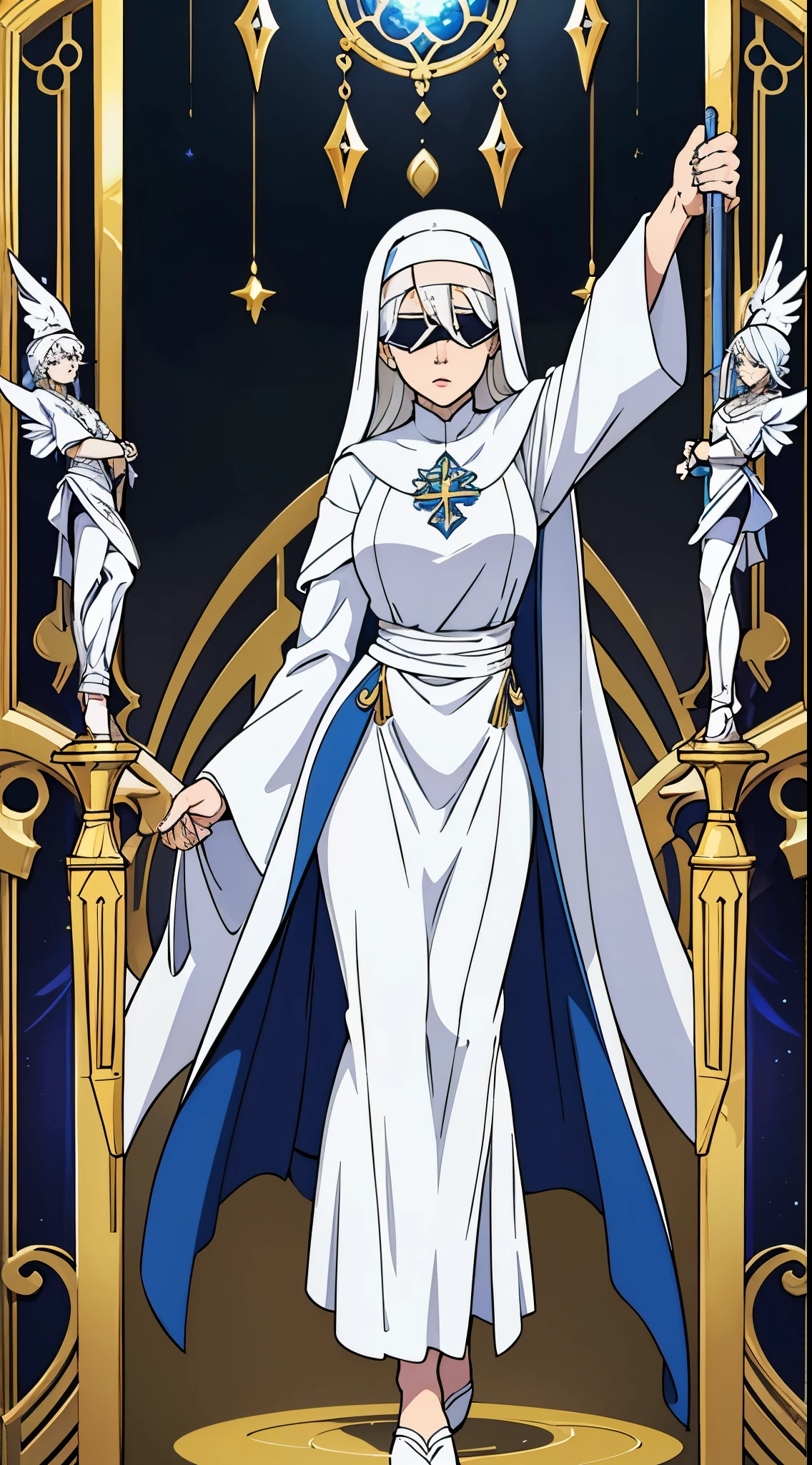 a full body portrait of a woman with white hair, (wearing {white|blue} fantasy nun robe), the robe of the fantasy saint heroine, the fantasy holy heroine, (wearing covered eyes blindfold bandage)), in style of manga, beautiful character painting, detailed body, detailed hands, detailed face, white haired deity, epic exquisite manga character, stunning character art, trending artstation, (((strong body)), action pose, stand near marble statue, praying, fantasy battle staff, staff with Libra,