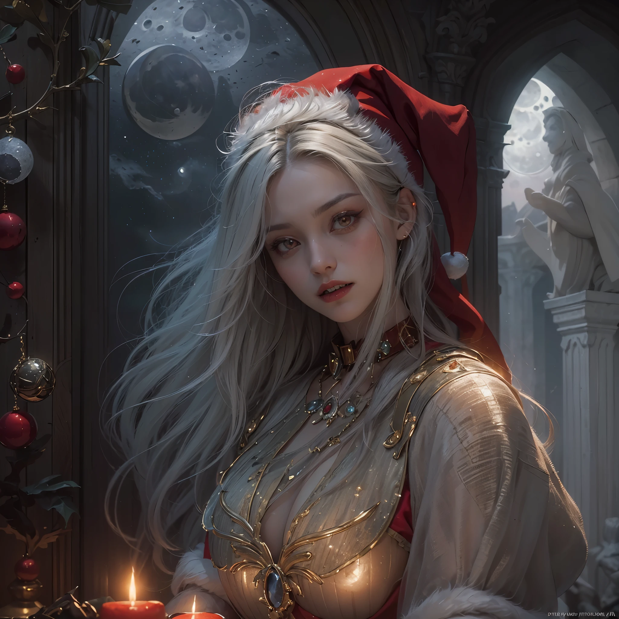 (award-winning masterpiece, incredibly detailed, textured and maximally detailed), (hyper realism: 1.4), (realism: 1.3), (top close-up: 1.6), ((medieval world)), (top quality realistic textured skin), (beautiful vampire: 1.7), (two thick, long sharp vampire teeth protruding from lips: 1.7), (red Santa Claus costume: 1.6), (delicately decorated Ms, faded: 1.5), (dense true circle symmetrical and eye-catching dense and beautiful face: 1.6), (aesthetic and decadent atmosphere image: 1.6), (pale but beautiful skin and face: 1.6), ( Wears a lot of decadent and delicately crafted accessories: 1.8), ((Damaged red Santa Claus hat: 1.8)), (Bright red eyes with biological emission: 1.7), (Corrupt beauty: 1.6), (A pair of red eyes with a strong red glow from the inside: 1.7), (Elegant and extravagantly (Elegant and extravagantly crafted accessories:1.8), (Little skin exposure:1.5), ((Christmas 1.8)), (Candles), (Strong moonlight coming from outside: 1.7), ((Dramatic photograph)), ((Cinematic light)), (Full-length portrait: 1.7), (Examine), (Looking down) eyes), (dramatic pose), (smoke effect and bewitching light:1.4), beautiful white hair, beautiful silver hair, beautiful beautiful blond hair, wind effect, (purple smoke drifting: 1.3), ruins of old castle, royal crypt, ((dark night, night with full moon, new moon)), epic realism, fading, ((neutral colors)), art book (ticker:1.5), (muted colors:1.2), hyperdetailed, (artbook station:1.5), cinematic, warm light, light effects, dramatic light, (elaborate detail:1.1), background complex, (Greg Rutkowski:0.8), (teal and orange:0.4), (teal and orange:0.4), (teal and orange:0.4), (teal and orange:0.4)