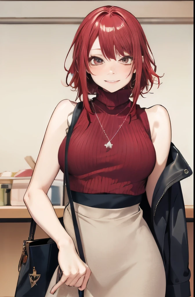 masutepiece, Best Quality, pixiv, Cowboy Shot, Red hair,
1girl in, breasts, blush, Sleeveless,Jewelry, Looking at Viewer, Skirt, Necklace, Solo, Bag, Sweaters, turtle neck, Sleeveless turtle neck, Jacket, Sleeveless Sweaters, long Skirt, Medium Hair, handBag