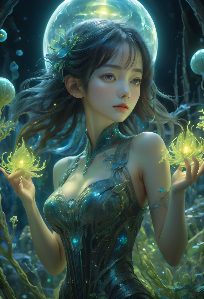 Images of a fascinated witch encountering alien life forms, Illumination of bioluminescent plants, The content is very detailed, hyper realisitc, 10k high resolution, Gouache style, scribble art, Glaslorne, Influenced by Art Nouveau, Given, and future, The Art of Lunar Encryption Wow,