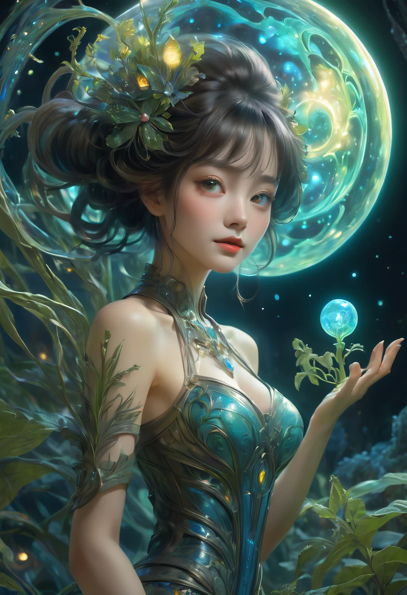 Images of a fascinated witch encountering alien life forms, Illumination of bioluminescent plants, The content is very detailed, hyper realisitc, 10k high resolution, Gouache style, scribble art, Glaslorne, Influenced by Art Nouveau, Given, and future, The Art of Lunar Encryption Wow,