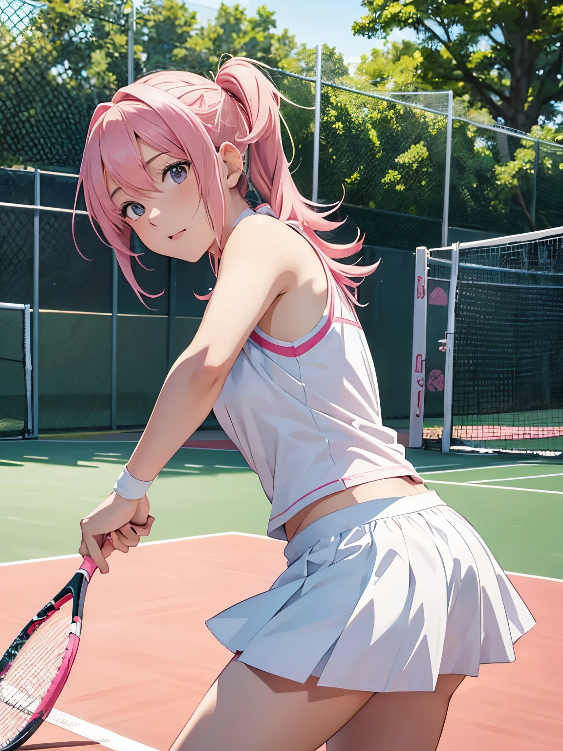 Anime girl in white tennis clothes with pink hair and a racket, Haruno Sakura, illustrious makinami, official anime still, Official art, official anime artwork, Tennis court background, official artwork, hanekawa tsubasa, Rin, Playing tennis, sakura haruno in slug sage mode, Rei Hiroe, 8K!, marin kitagawa fanart, Sakura Haruno