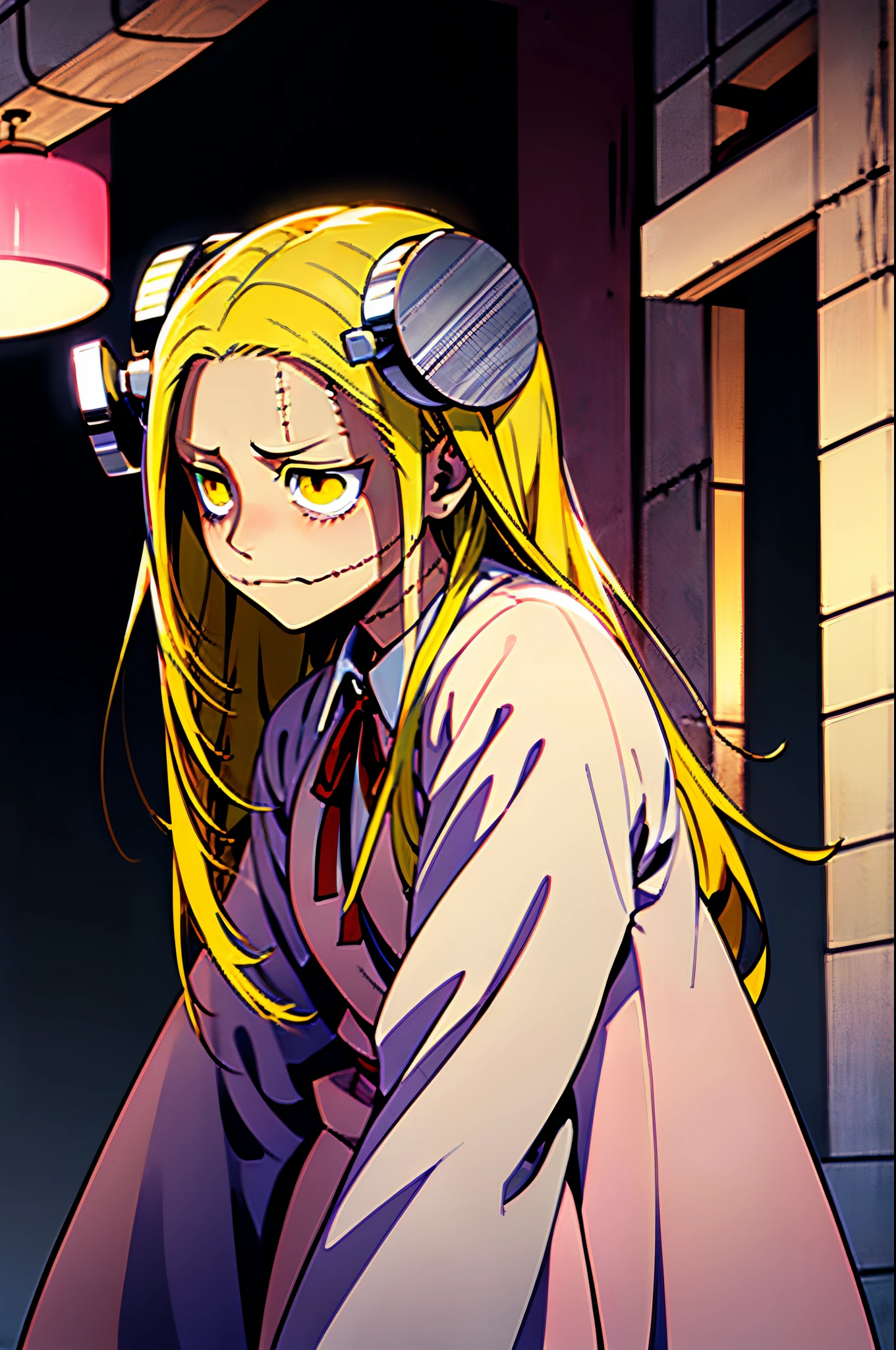 Madaraki_Fran,A girl , Embarrassed ,blushful,the madhatter ,surgeon'gown ,Clean hands ,stunned, hairlong , yellow hair,seams , Scars on the body , A creepy look , scary eyes , An intimidating look , creepy smile , bags under eyes, ((((Tired)))) ,, Scared, Embarrassed,pretty