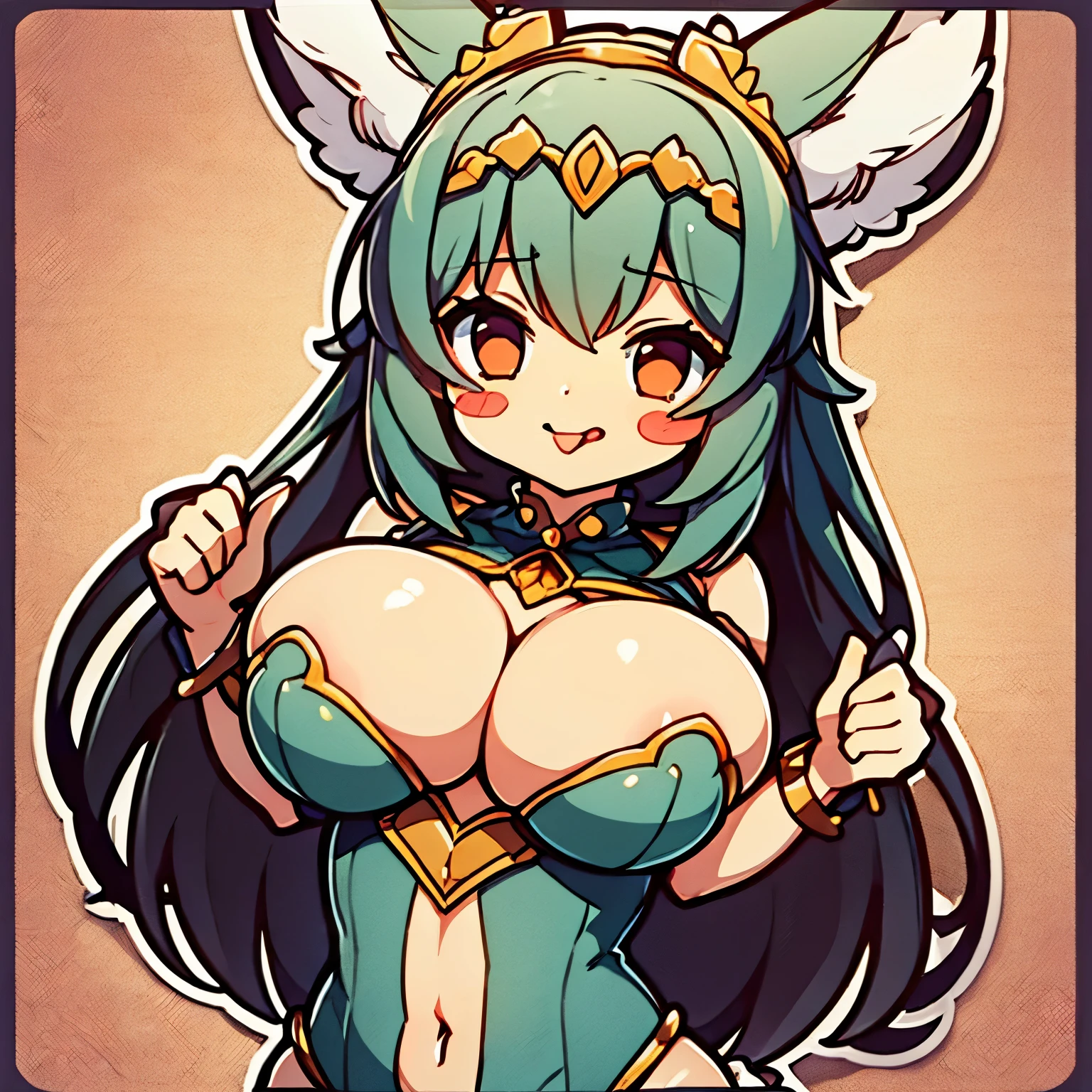 ((a sticker、The main thing is a sticker with breasts.))、tchibi、(Super close-up of the chest)、Colossal tits、cleavage of the breast、breast closeup、Depiction of only the chest、tongue、sticking out the tongue、long tongue、Mouth open、Rabbit ears、white backgrounid、a frame surrounding her