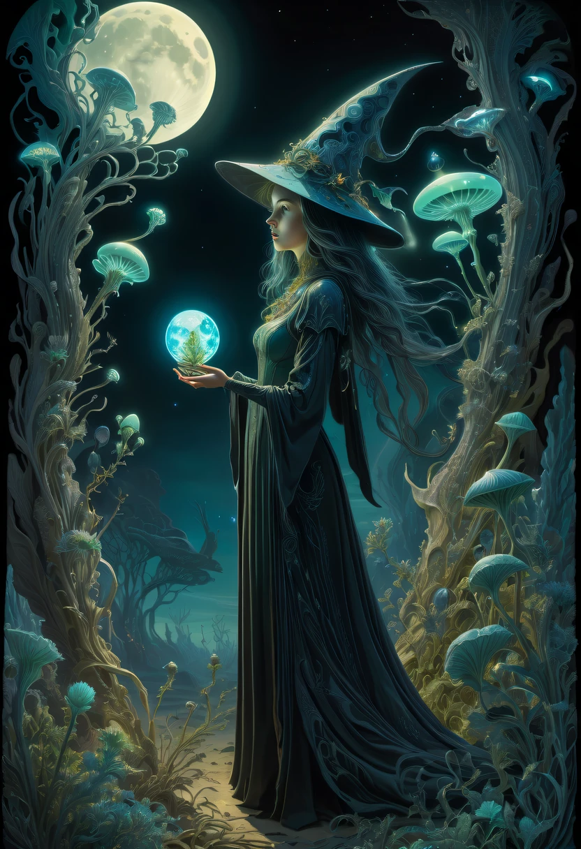 Three different beautiful erotic witch girls having in a ring of mushrooms in the dark forest lit by tiny fireflies