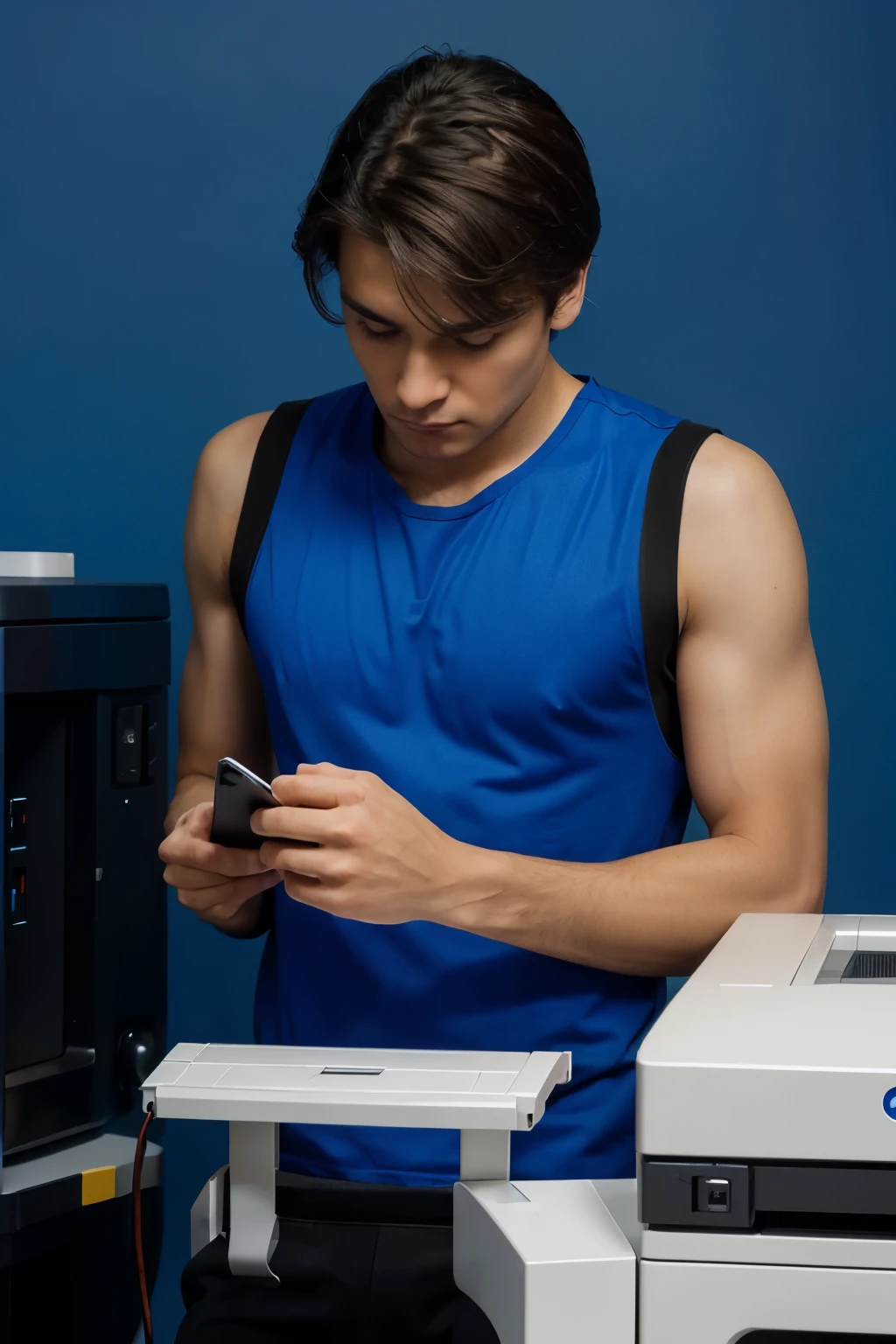 man wearing technician dress, showing finger towards printer, page coming out of the printer , blue background