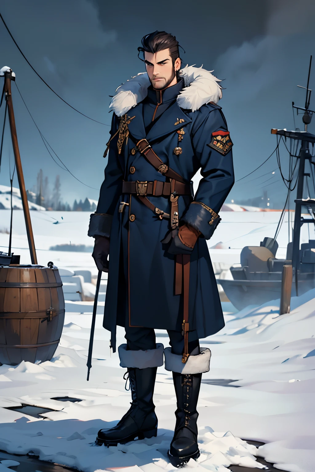 Warhammer, Navy officer, clothes with fur, boots with fur, raincoat with fur, Snow in the background, oil pump on background, Good Quality, nightfall, Young man, sideburns, Full-length