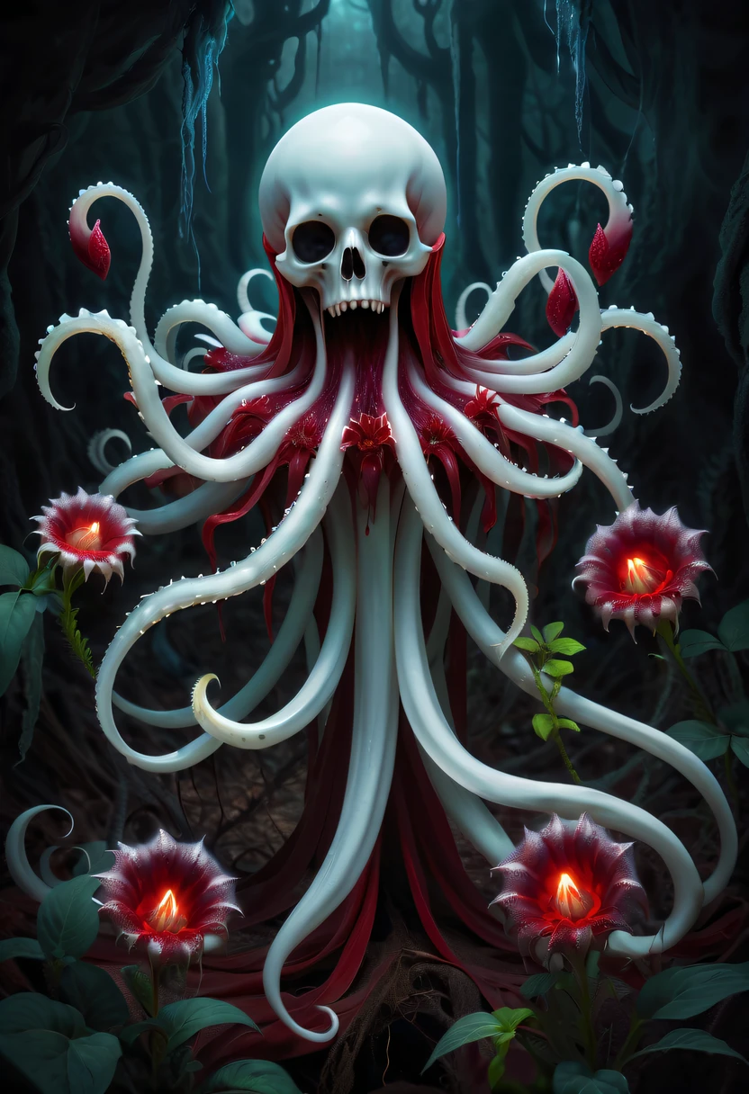 Magical plant from the abyss, the ghost flower, ghost flower,Blood-red tentacles stare at the dead，carismatic，Incredible，terror