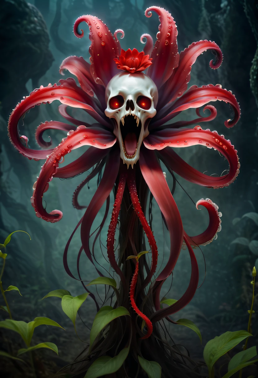 Magical plant from the abyss, the ghost flower, ghost flower,Blood-red tentacles stare at the dead，carismatic，Incredible，terror