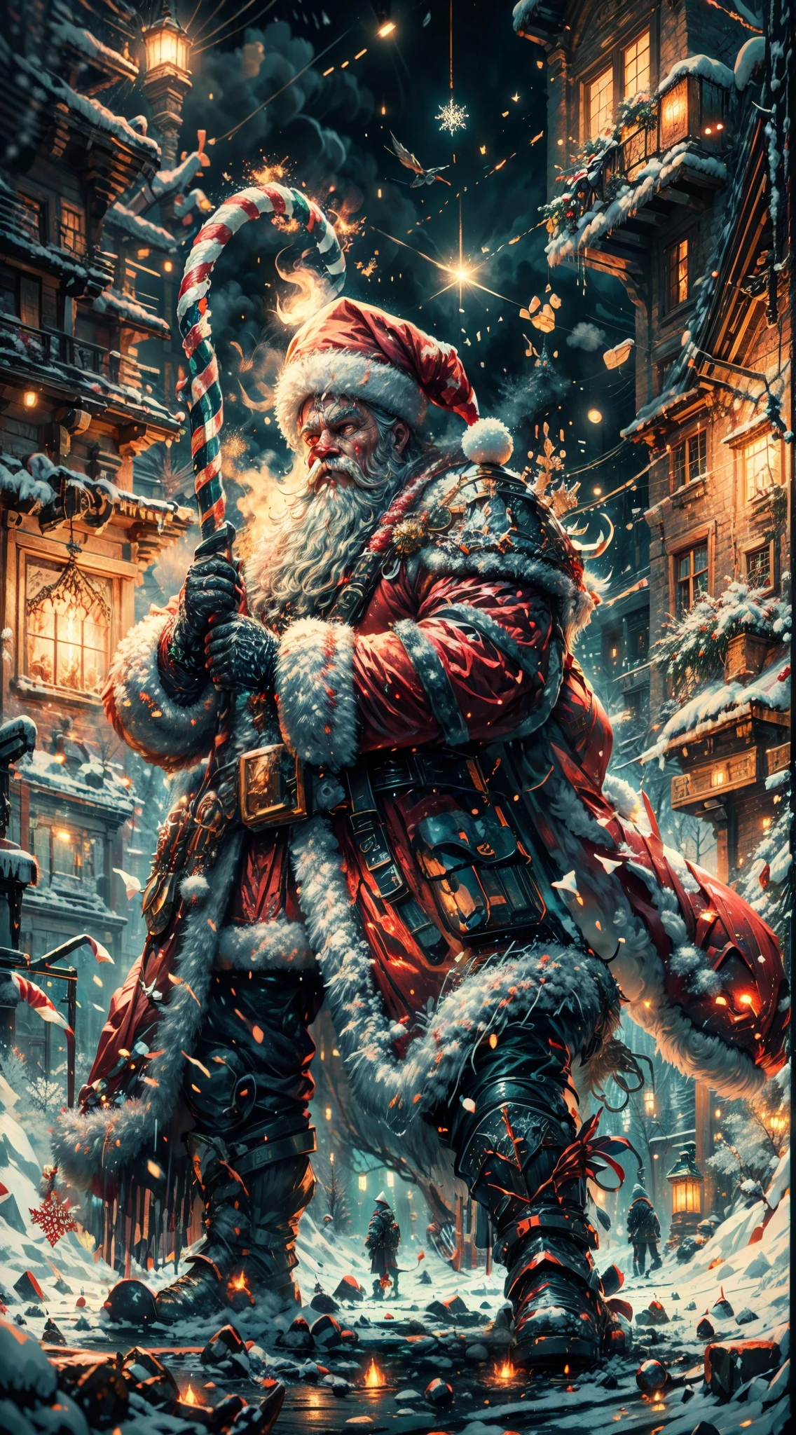 Santa Claus as the boss of the game "Dark Souls" in the Christmas DLC,best quality,4k,8k,highres,masterpiece:1.2,ultra-detailed,realistic:1.37,[HDR],[UHD],[studio lighting],extremely detailed face,beautiful detailed eyes,beautiful detailed lips,long eyelashes,[physically-based rendering],powerful physique,wearing a red and white armor suit with intricate designs,[imposing presence],holding a mighty candy cane [greatsword],surrounded by a snowy landscape,with large icicles hanging from the environment,casting a golden aura,[epic battle scene],intense fire and smoke effects,[vivid colorokeh],blue and white color scheme with hints of gold, dramatic lighting with warm highlights and cool shadows.