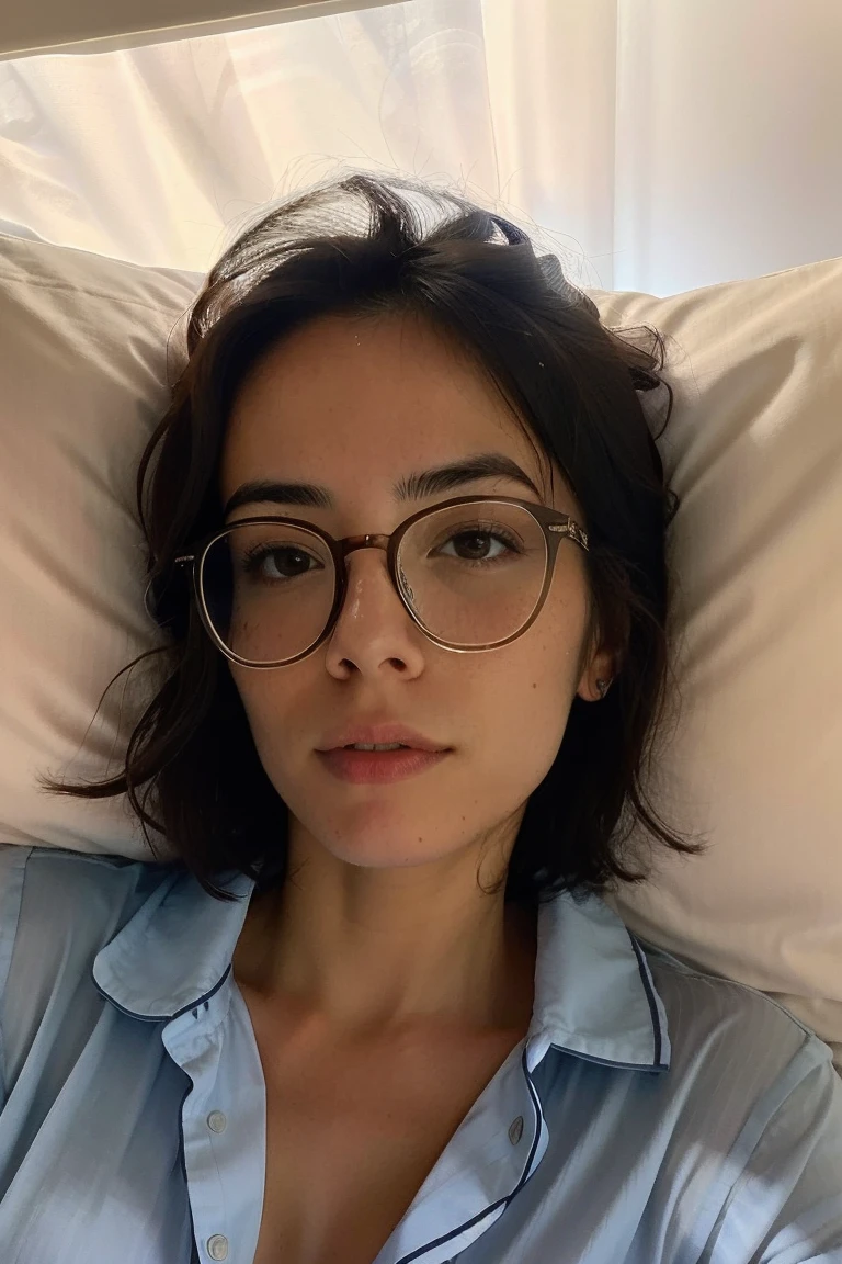 solo, very detailed, detailed face, agathe_auproux with glasses, picture of a beautiful 30yo woman who juste woken up in a cute way ,in bed, sfw, in pajama, opening her eyes while getting up