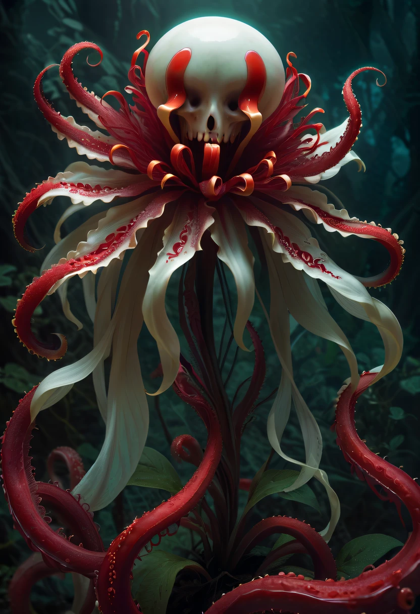 Magical plant from the abyss, the ghost flower, ghost flower,Blood-red tentacles stare at the dead,carismatic,Incredible,terror