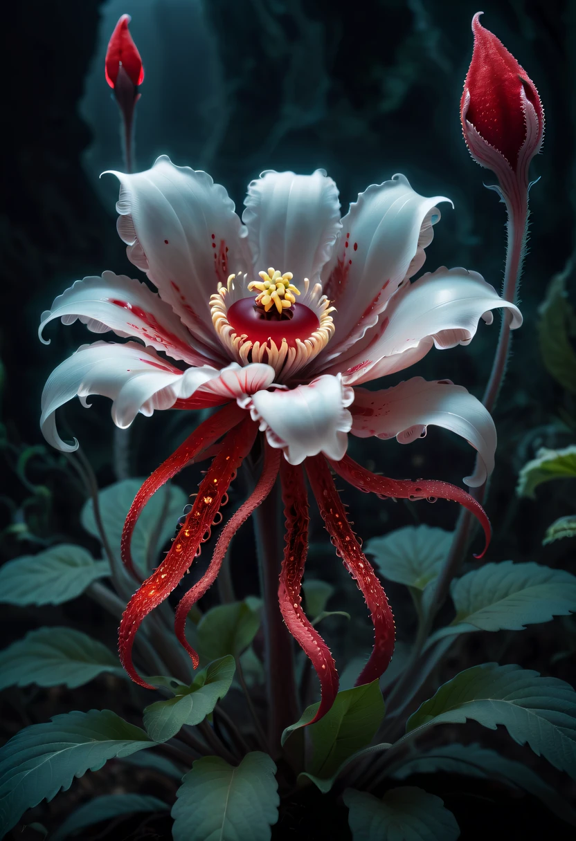 Magical plant from the abyss, the ghost flower, ghost flower,Blood-red tentacles stare at the dead,carismatic,Incredible,terror