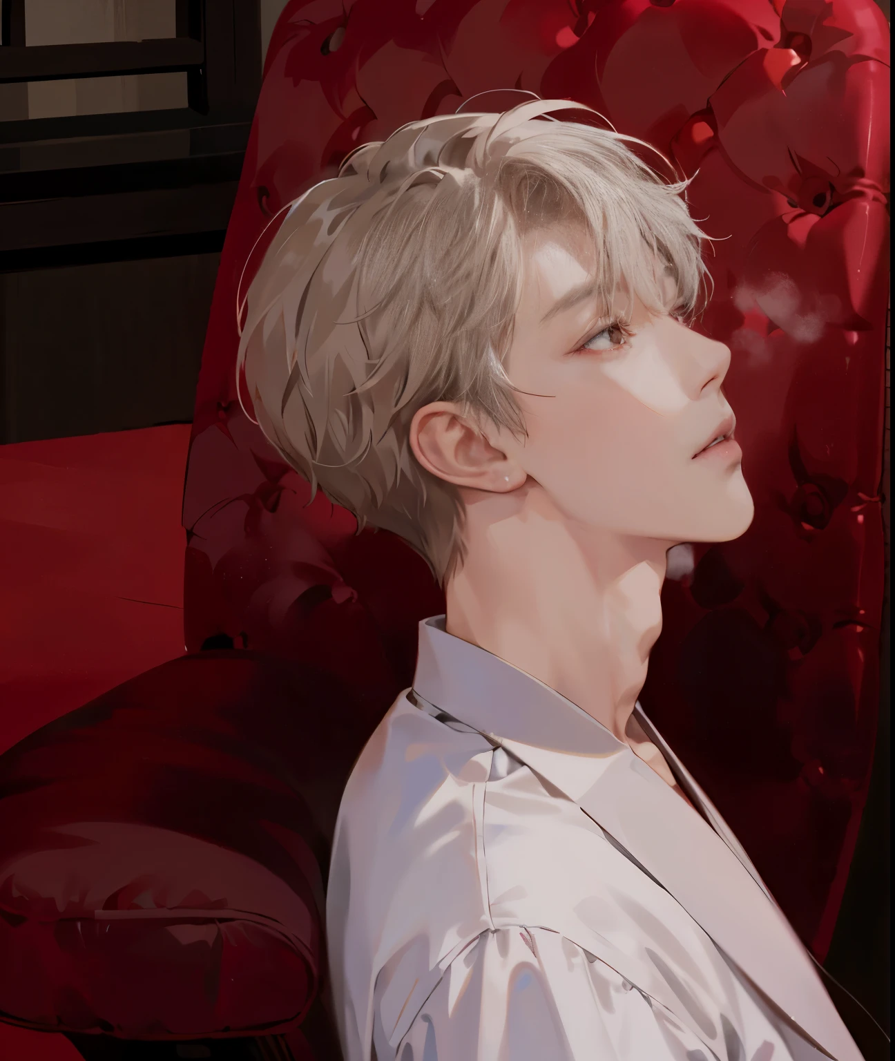 Anime - Stylish picture of a man with a short haircut sitting on a red chair., Inspired by Bian Shoumin, Inspired by Jeonseok Lee, Artstyle Praise, lofi portrait, artwork in the style of guweiz, cai xukun, [ digital art ]!!, inspired by Sim Sa-jeong, inspired by Kim Deuk-sin