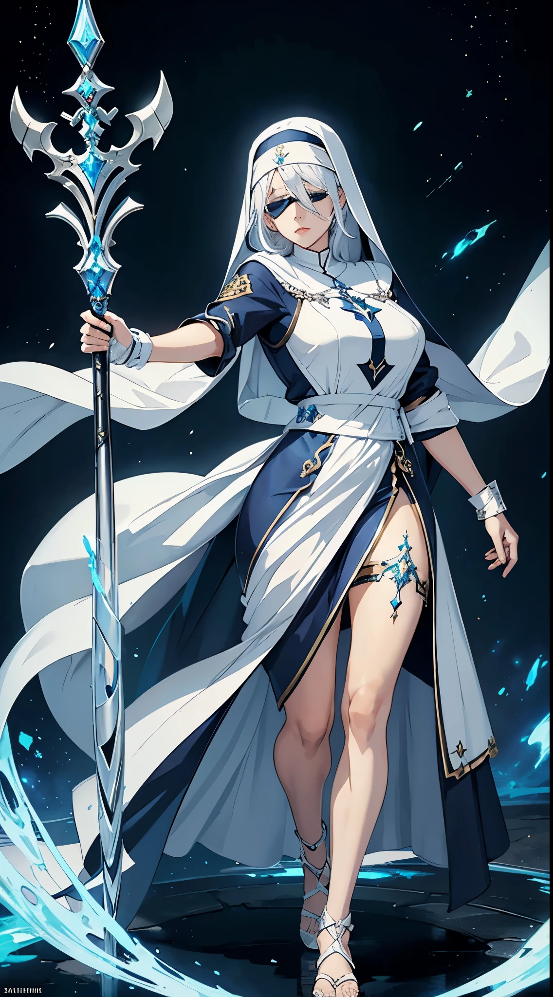 a full body portrait of a woman with white hair, (wearing {white|blue} fantasy nun robe), the robe of the fantasy saint heroine, the fantasy holy heroine, (wearing covered eyes blindfold bandage)), in style of manga, beautiful character painting, detailed body, detailed hands, detailed face, white haired deity, epic exquisite manga character, stunning character art, trending artstation, (((strong body)), action pose, stand near marble statue, praying, fantasy battle staff, staff with Libra