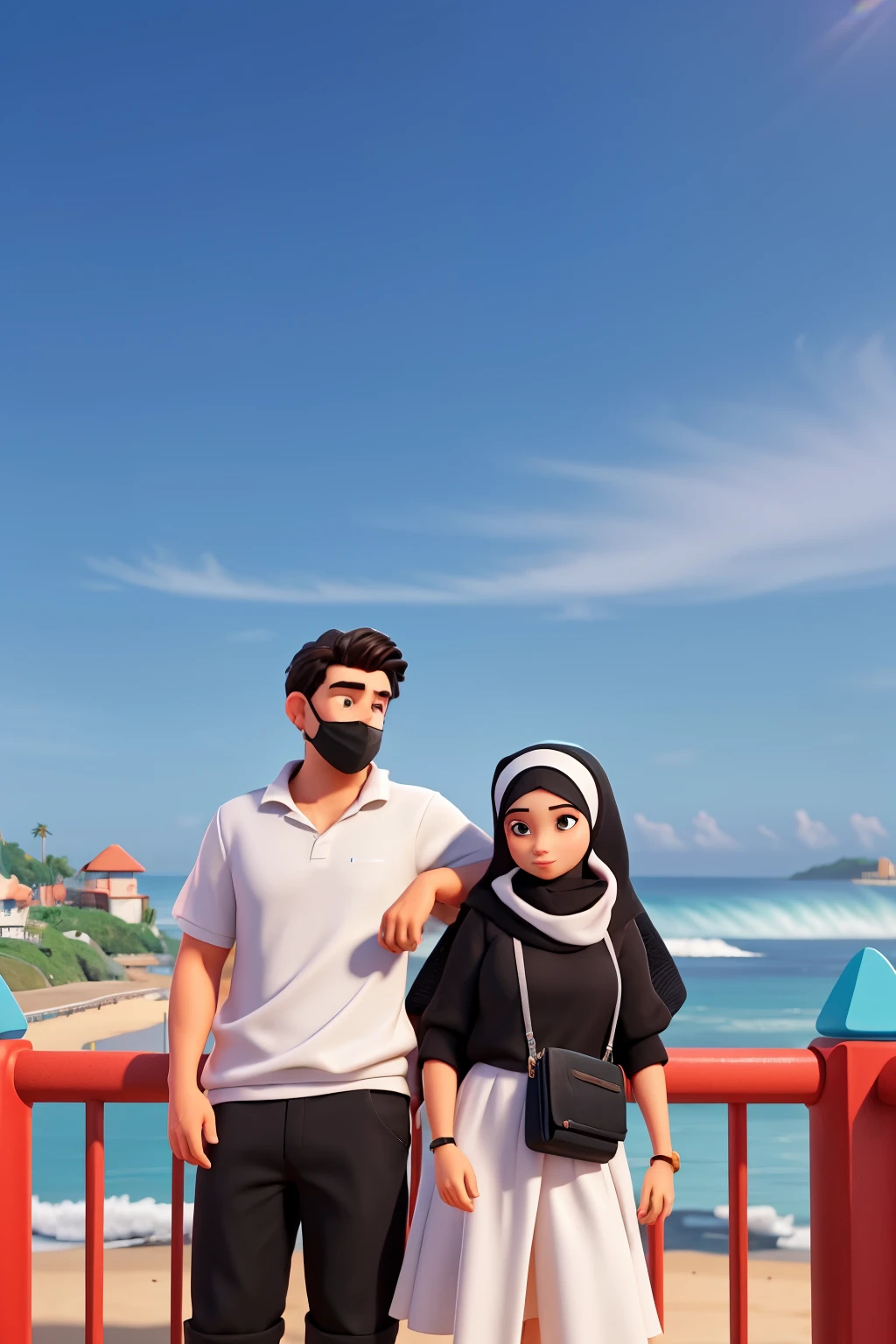 there are two people standing on a red railing by the ocean, the ocean in the background, the woman is dressed in a black shirt, black hijab, wearing black face masks, the man black korean hair style, wearing a white shirt and wearing black face masks, ocean in the background, at the sea, coast as the background, at a beach, vacation photo, in the beach, at the beach, lovely couple, the sea in the background, in a sea, couple, on beach, sea in the background, photoshot, Disney Pixart Style, 3D render, 3D, 8K, blur background, cubby face style