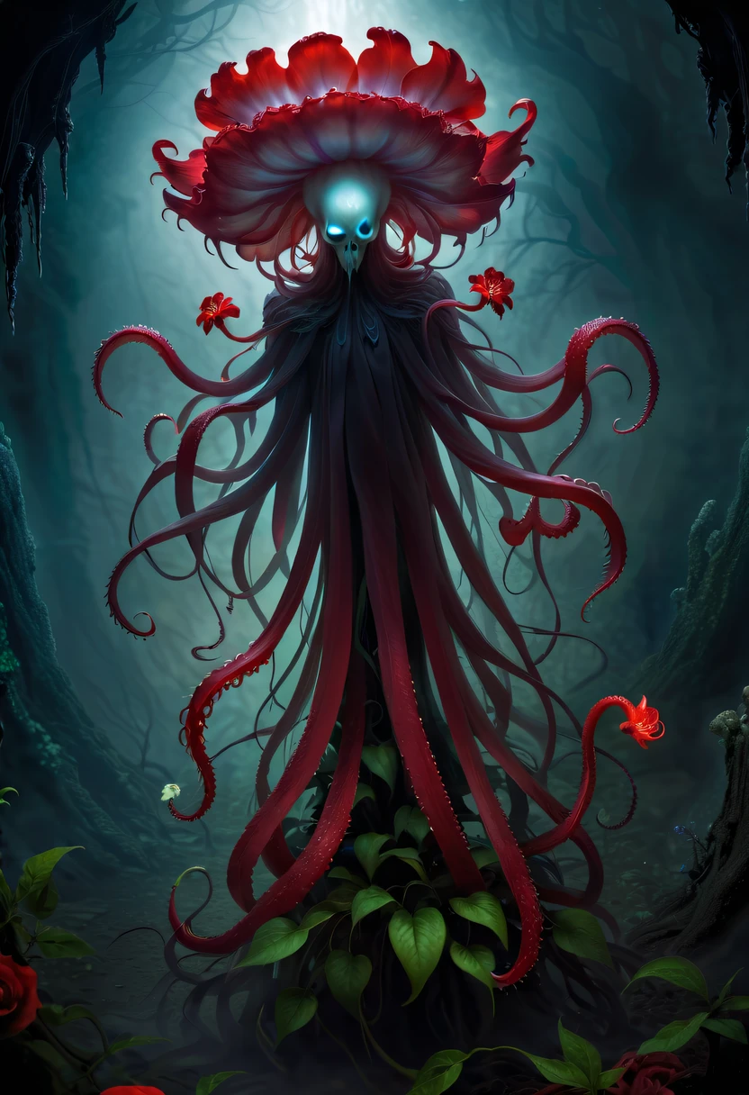 Magical plant from the abyss, the ghost flower, ghost flower,Blood-red tentacles stare at the dead,carismatic,Incredible,terror
