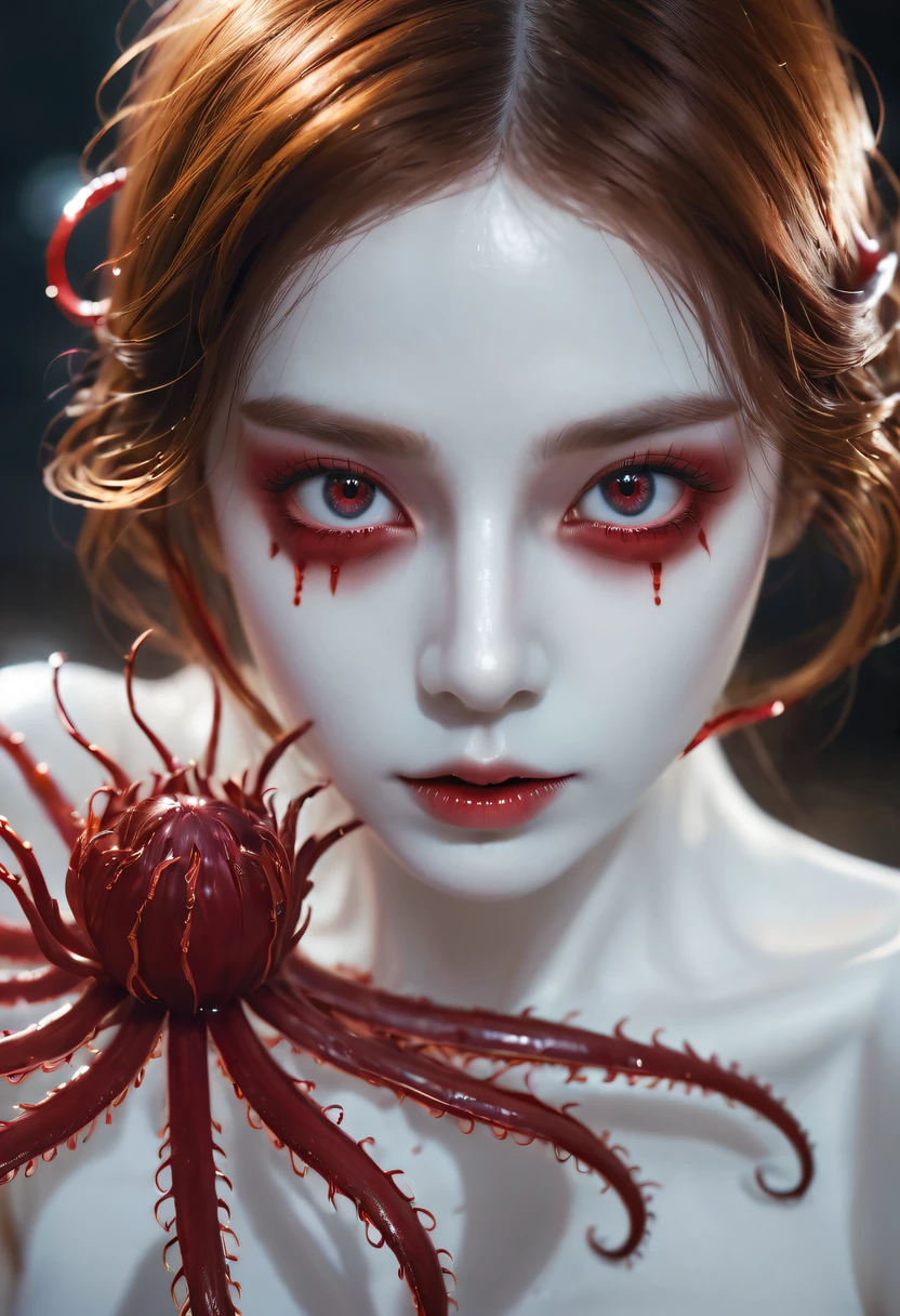 Magical plant from the abyss, the ghost flower, ghost flower,Blood-red tentacles stare at the dead,carismatic,Incredible,terror
