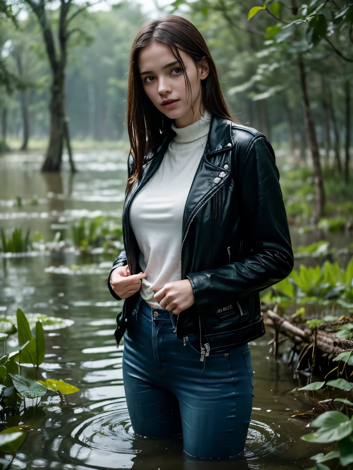 (Best Quality,4k,hight resolution,Masterpiece:1.2),frightened, Teenage girl drowned in a swamp:1.3,jeans and leather jacket,Standing, drown in the middle of a swamp,woods,sexual excitement,scared expression,cloudy and cloudy water,marsh plants,Ethereal fog,psychological thriller atmosphere