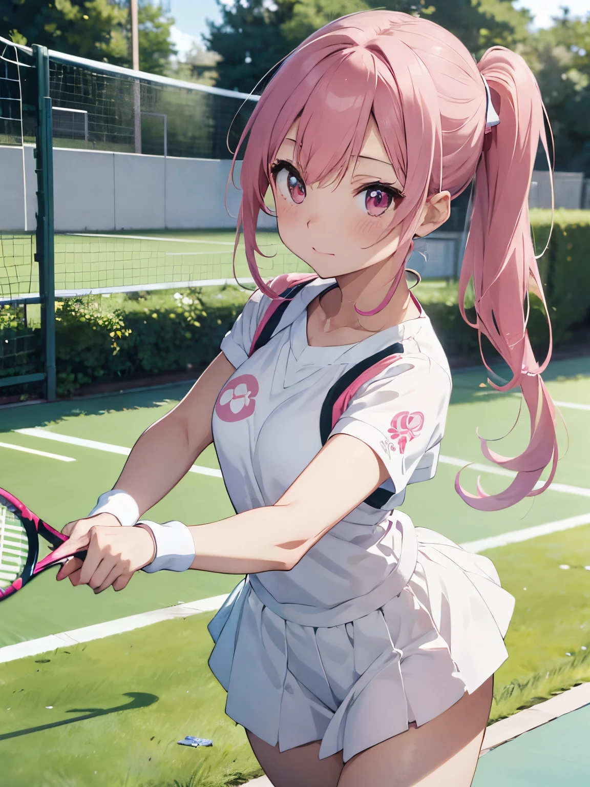highest quality、masterpiece、High sensitivity、High resolution、One Woman、Slim Body、tennis、Holding a racket、Strike back