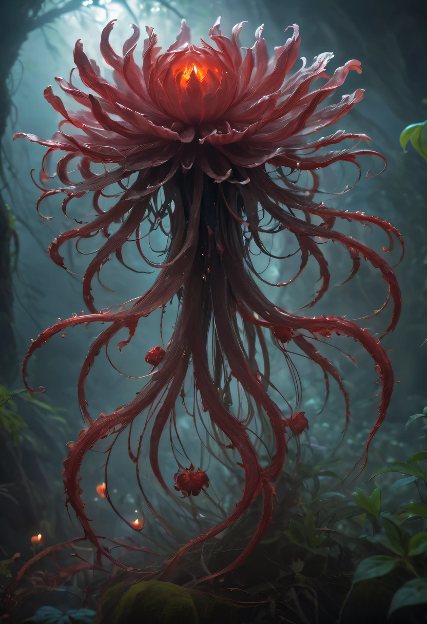 Magical plant from the abyss, the ghost flower, ghost flower,Blood-red tentacles stare at the dead,carismatic,Incredible,terror