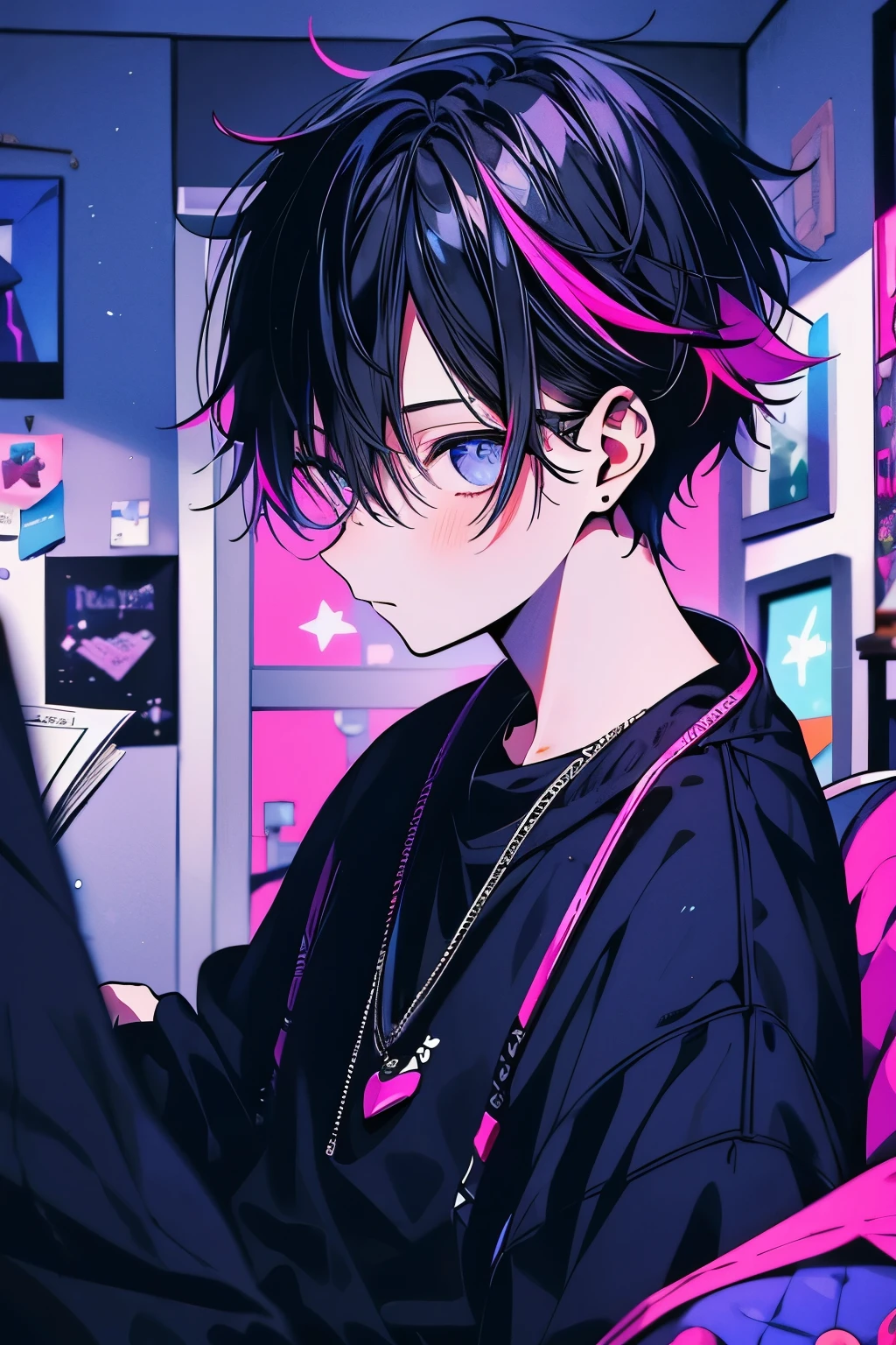 Boy, black hair, lendo um livro no seu quarto escuro, teto estrelado, cores: Azul escuro, preto, rosa, roxo,violeta, blurry pink,  branco,