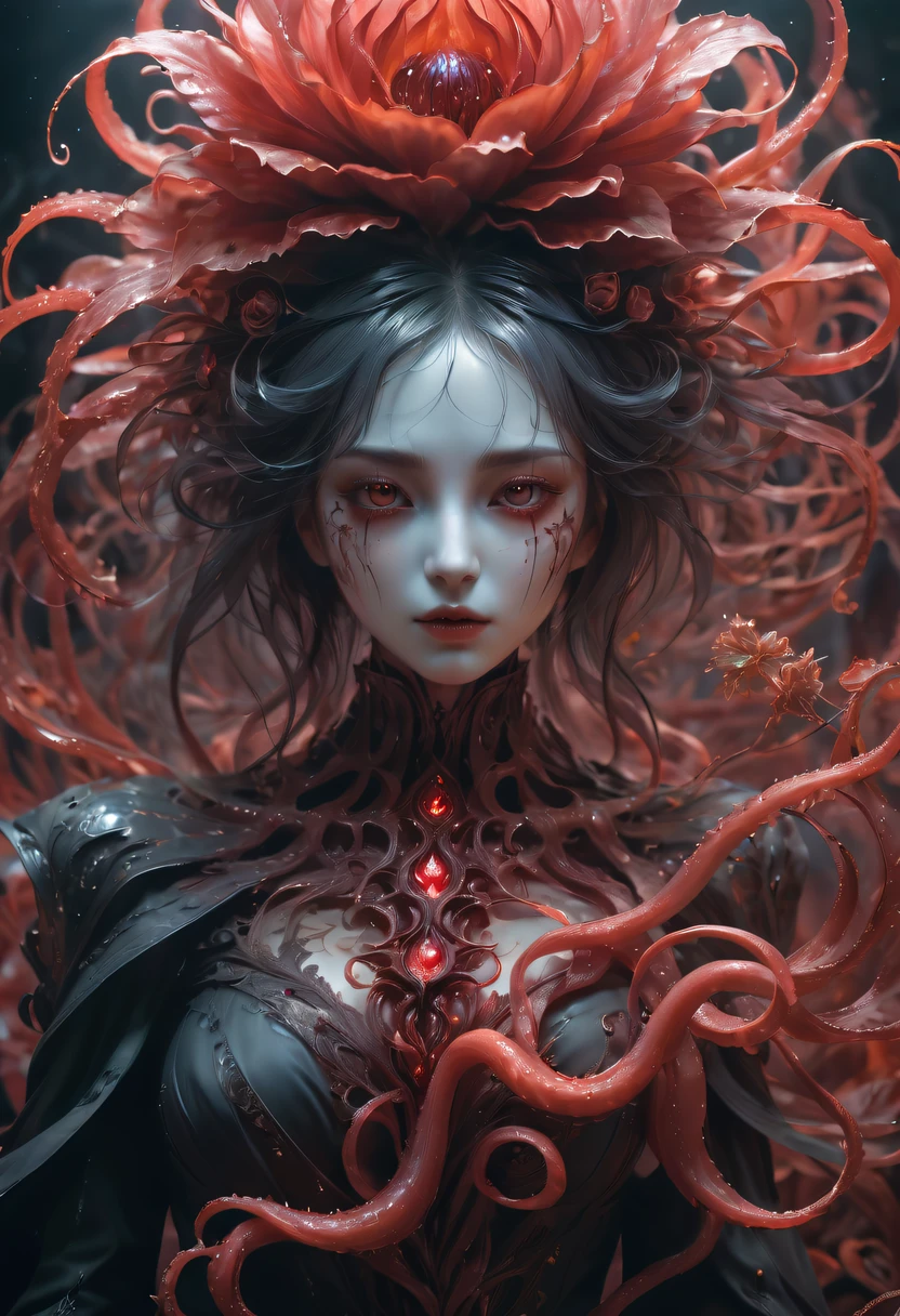 Magical plant from the abyss, the ghost flower, ghost flower,Blood-red tentacles stare at the dead,carismatic,Incredible,terror