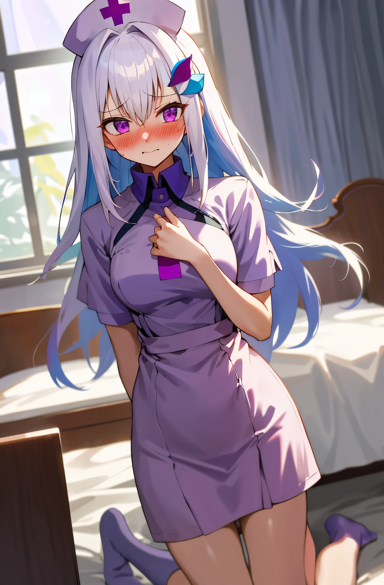 One girl with long hair, white hair, banglue inner hair:1.25) , purple eyes, looking at viewer, blushing, embarrassed, (embarrassed:1.2), nurse, nurse hat, indoor, bedroom, slim, dizzy, mid-chest, wide hips, perfect waist, day atmosphere, hair ornament, sitting, kneeling pose