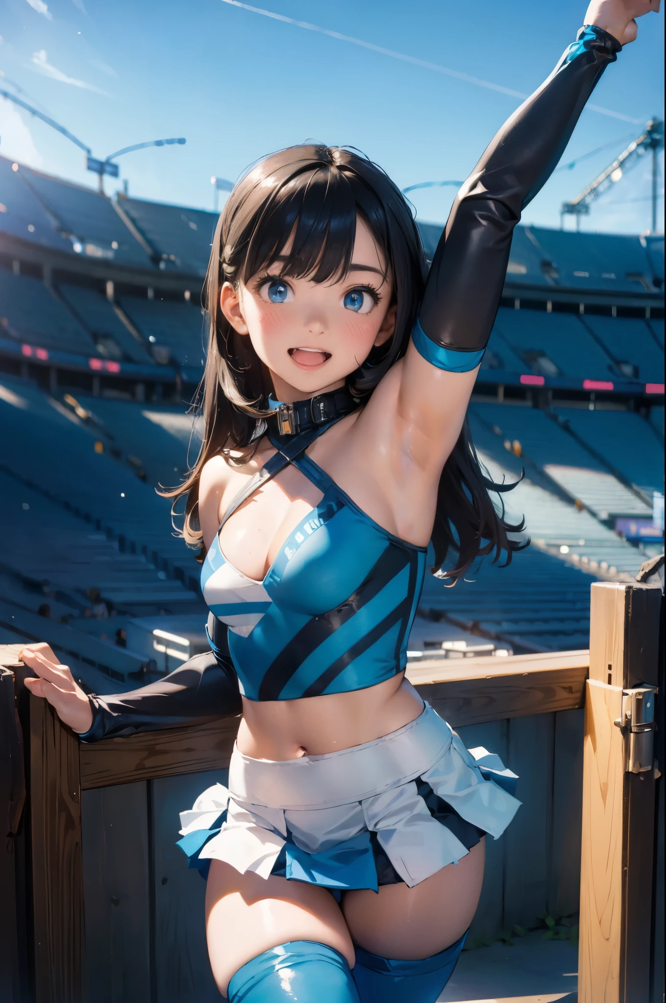 ((Best Quality, 8k, photo realistic:1.4, Masterpiece)), back Lighting, highly detailed facial textures women, 18yo, (((blue sleeveles Cheerleader:1.2))), ((Stadium Background: 1.2)), japanese, asian, full body, 25yo, extremely cute, arm up, armpits, ultra-detailed skin, beautiful make up, beautiful eyes, detailed eyes, smile, open mouth, cute round face, detached sleeve, ((thigh high boots)), detached sleeves