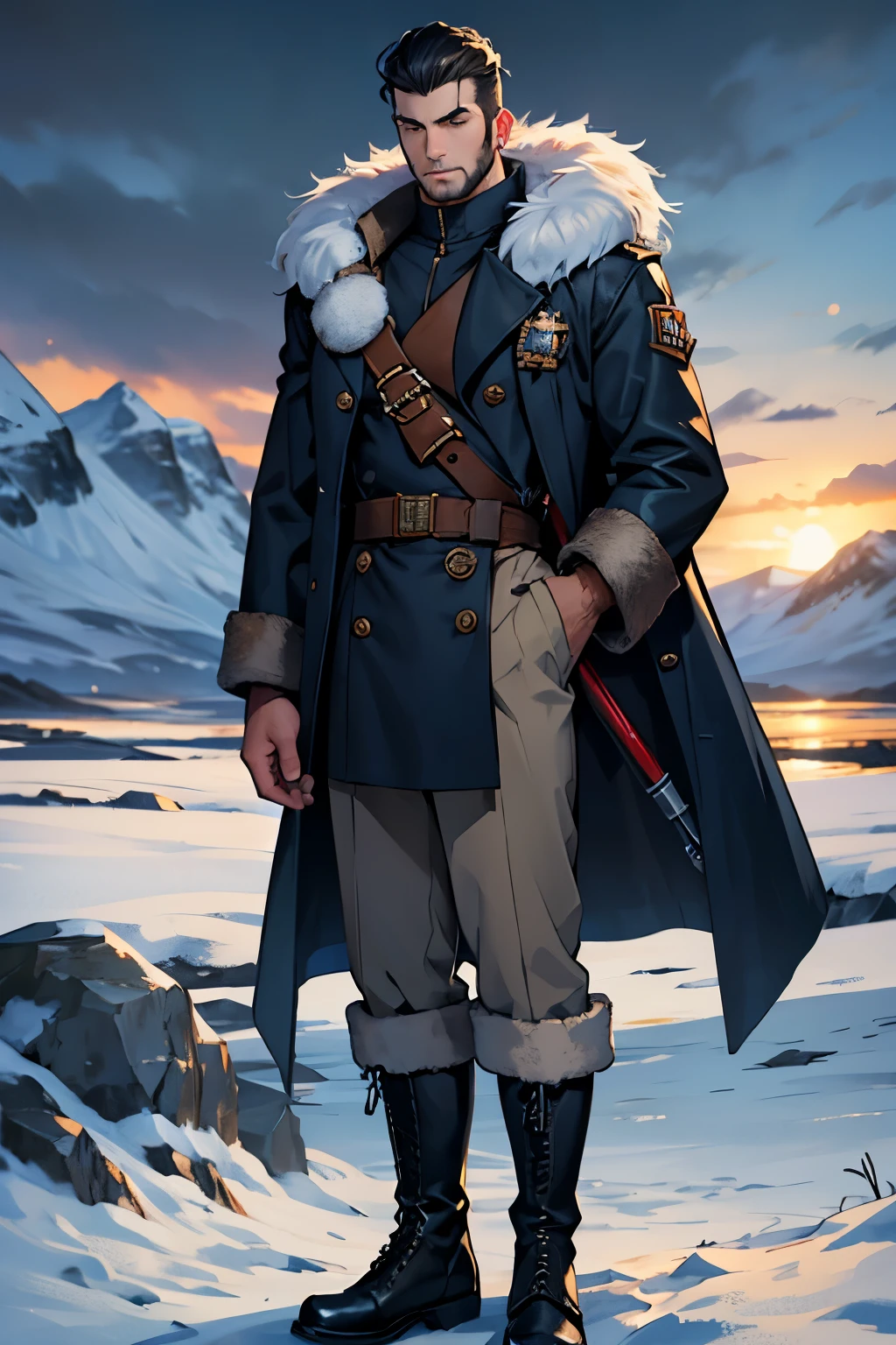 Warhammer, Navy officer, clothes with fur, boots with fur, raincoat with fur, Snow in the background, oil pump on background, in the snowy tundra, Good Quality, nightfall, Young man, sideburns, Full-length