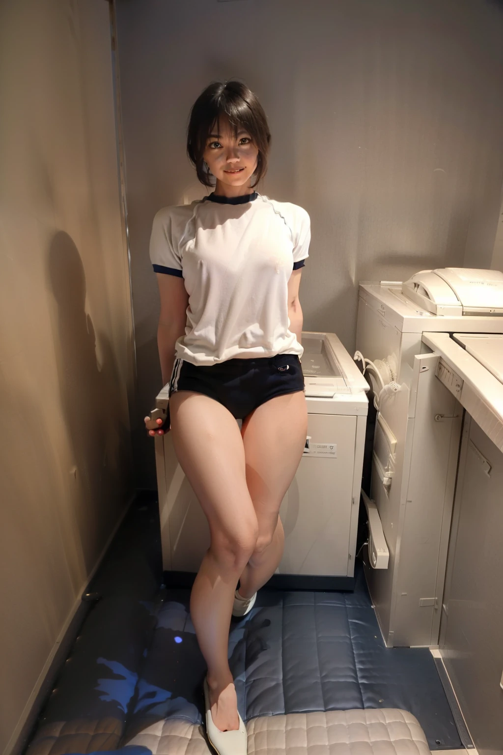 depicting a single moment from a manga for adults, (round face, eyes with realistic sizing, drooping eyes, blush, sweat, shame smile, thin lips, spread legs), (((standing to hit her crotch on the vacuum cleaner for intense self pleasure))), (short hair),