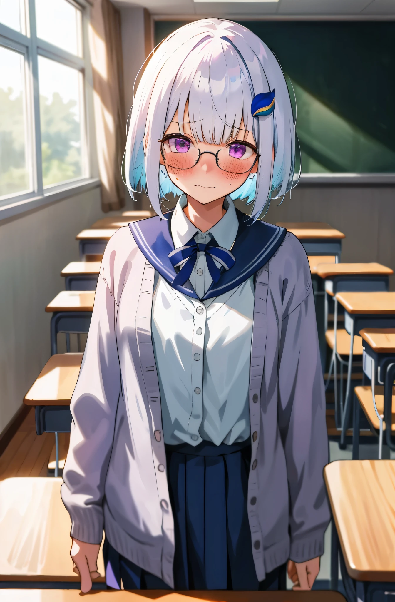 One girl with shorthair, bangs, white hair, blue inner hair:1.25) , purple eyes, looking at viewer, blushing, embarrassed, (embarrassed:1.2), school uniform, cardigan, glasses, indoor, classroom, dizzy, mid-chest, day atmosphere, hair ornament, standing, upper body