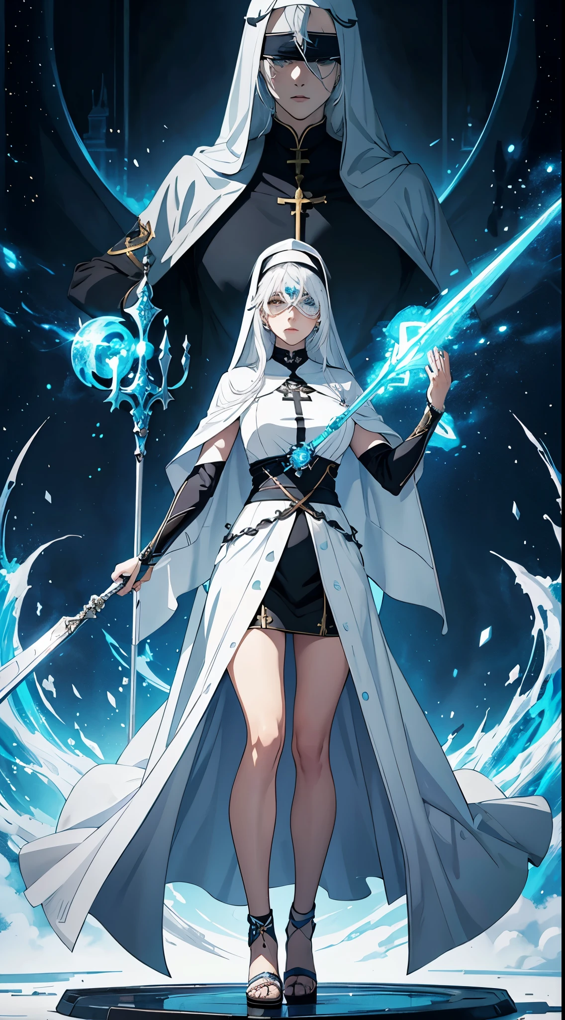 a full body portrait of a woman with white hair, (wearing {white|blue} fantasy nun robe), the robe of the fantasy saint heroine, the fantasy holy heroine, (wearing covered eyes blindfold bandage)), in style of manga, beautiful character painting, detailed body, detailed hands, detailed face, white haired deity, epic exquisite manga character, stunning character art, trending artstation, (((strong body)), action pose, stand near marble statue, praying, fantasy battle staff, staff with Libra