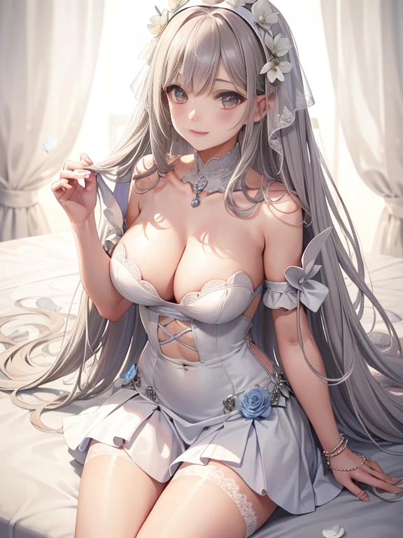 silber hair,butterflys,Long grey hair,Light pink wedding dresses,8k wallpaper,detailedbackground,Highest high resolution,Deep V Big,Hair covering one eye,Bandeau Wedding Dress,chies,white roses and pale pink roses,tight fitted,Stockings,((slight smile))